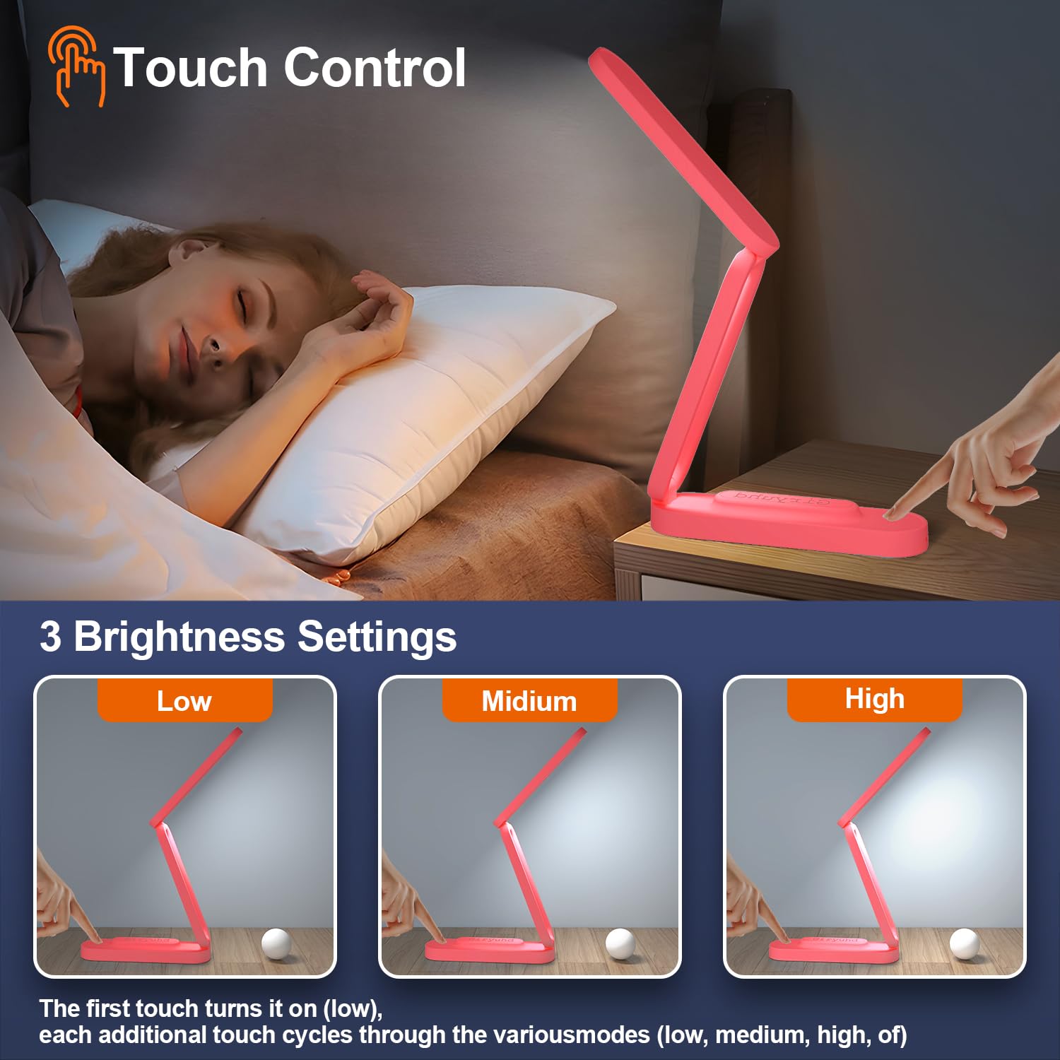 Giryuhd LED Desk Lamp, Rechargeable & Portable, 3 Brightness Levels, Model A211, Red, Foldable Light for Home & Office