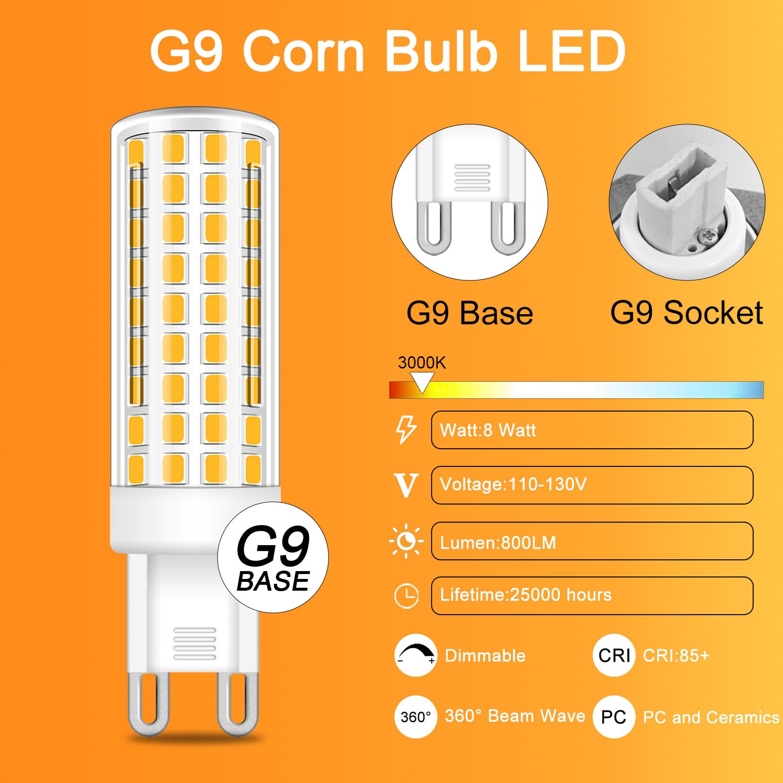 Brolskun Dimmable G9 Led Bulb 3000K Warm White,T4 G9 8W Replacement For 80 Watts Halogen,Ceramic Bi Pin Base,120V 800 Lumen G9 L