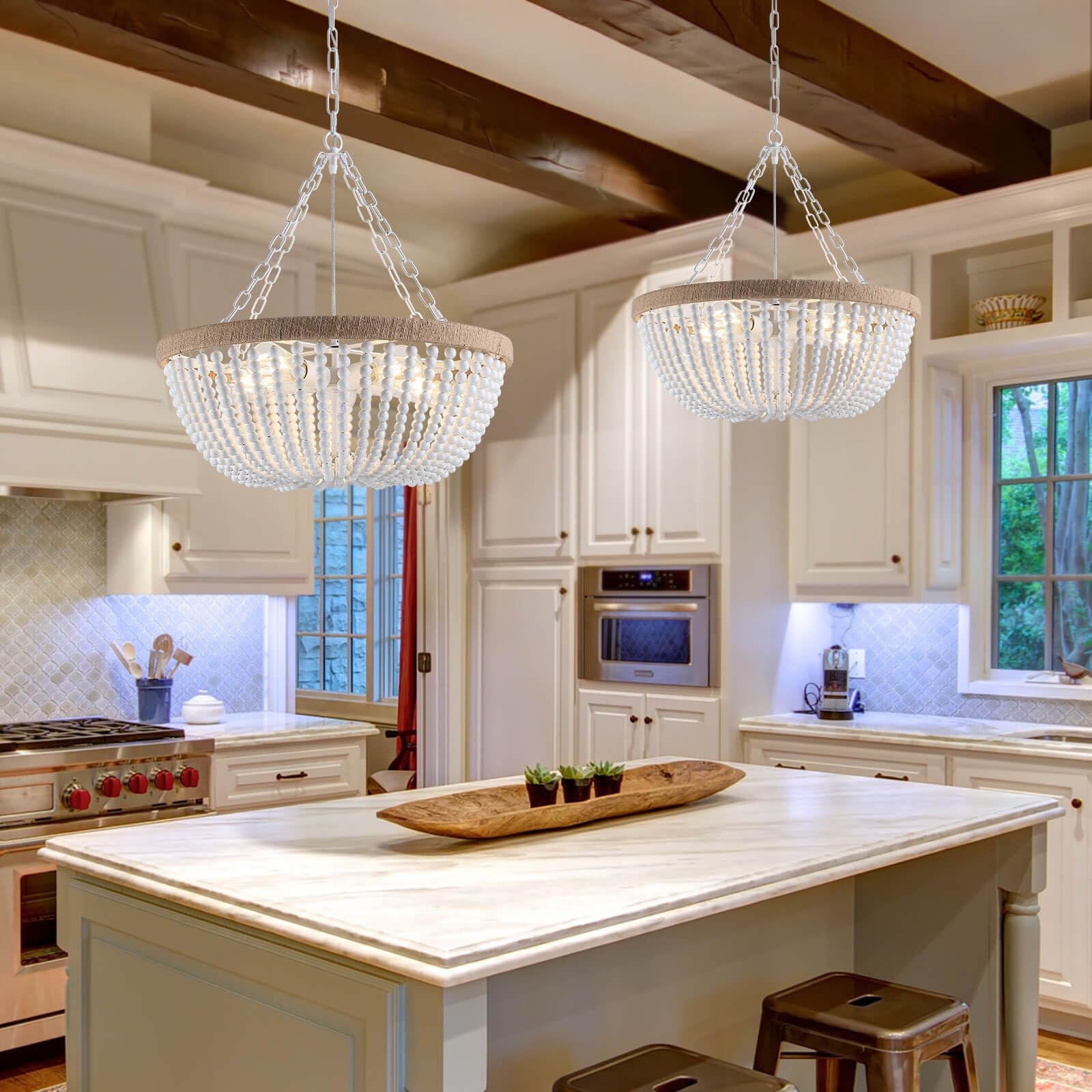 Tewei Bohemia Wood Beaded Chandelier - 5 Lights Farmhouse Flush Mount Pendant Light, Oak White