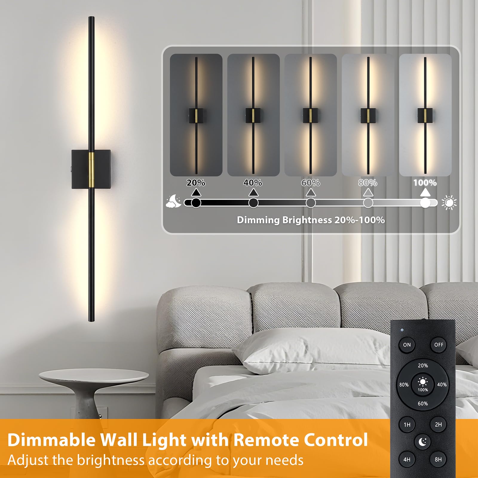 gernehop Battery Operated Wall Sconces Set of 2, Dimmable LED, Black Gold, 36 Inch, Model W6022-GDBK-2PK