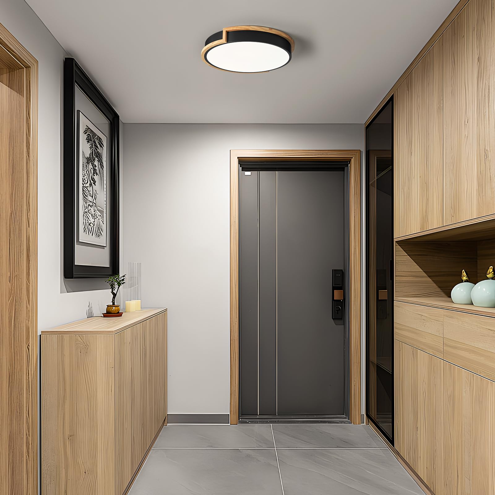 Peblto Modern Led Close To Ceiling Light, Round Flush Mount Ceiling Lighting Fixture, Matte Black With Wood Accent, Minimalist K