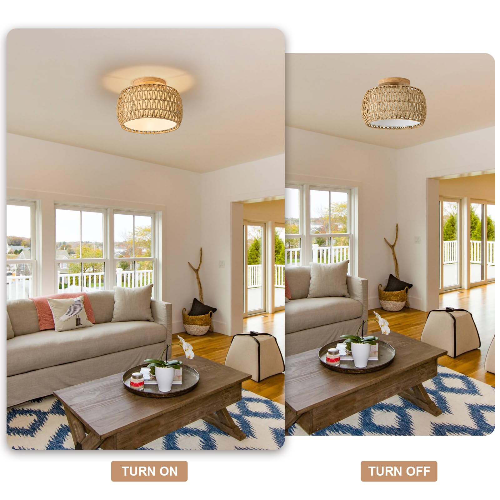 Alaislyc Boho Rattan Flush Mount Ceiling Light 12&quot; Rustic Wicker Fixture For Home Décor