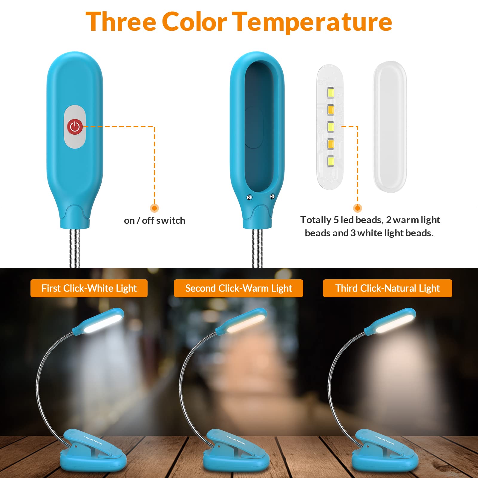 Lepower Clip On Book Light/Reading Light/Clip Light With 5 Led Eye Care, 3 Color Changeable, Portable Reading Lamp, Battery Oper