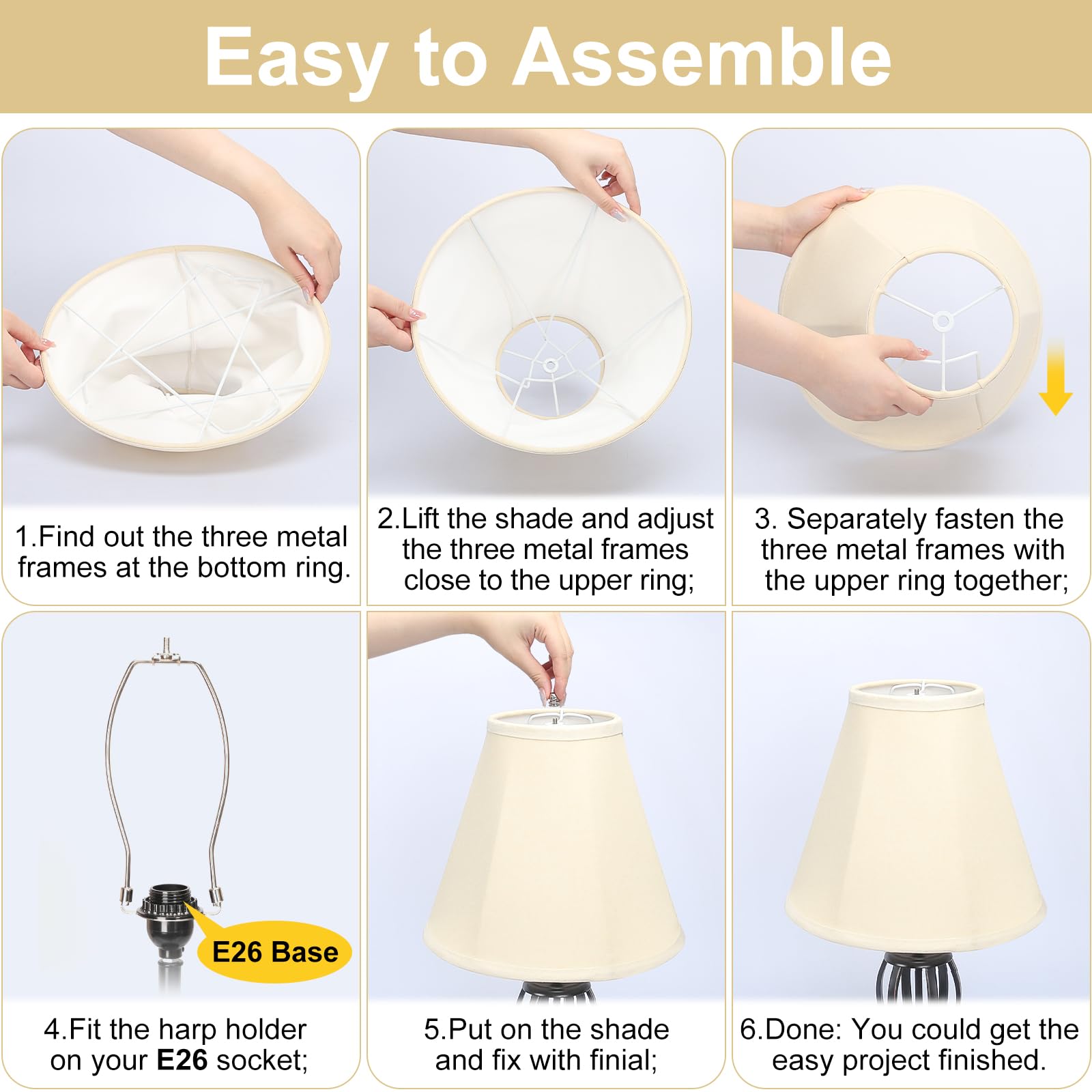 Bell Lamp Shades Set Of 2, Cream Fabric Lampshades Medium Shade Replacement, 6''Top X 13''Bottom X 10''High, Natural Linen Hand