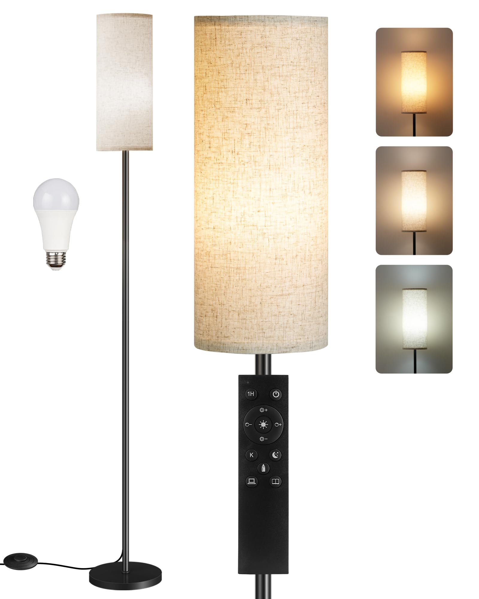 Goebleson Dimmable Floor Lamp With Remote, 66'' Linen Shade, 10W Led Bulb, Black & Beige