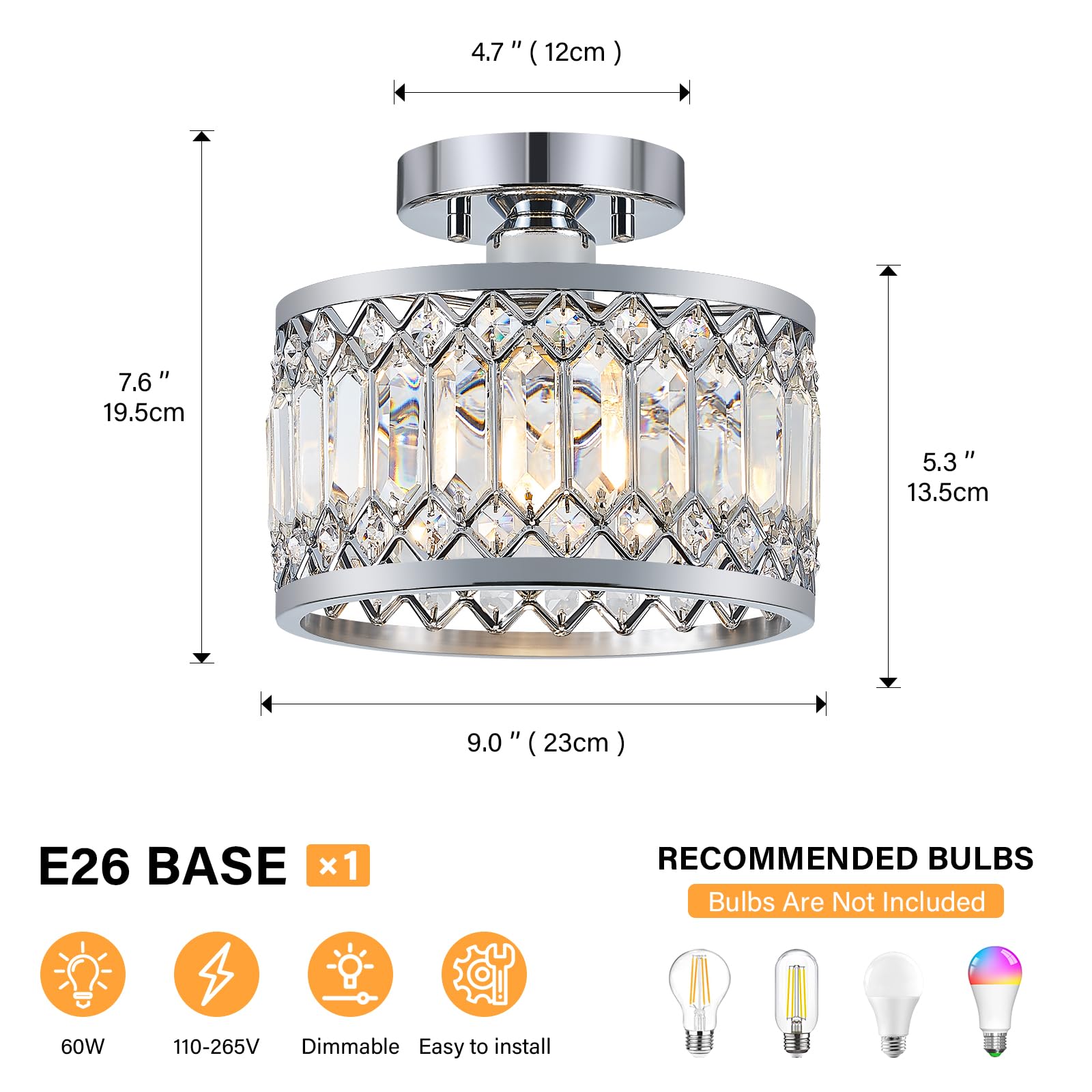 Yurnyq Crystal Ceiling Light Fixture, Modern Semi Flush Mount Ceiling Light, Chrome Lighting Fixtures Ceiling Lamp For Hallway,