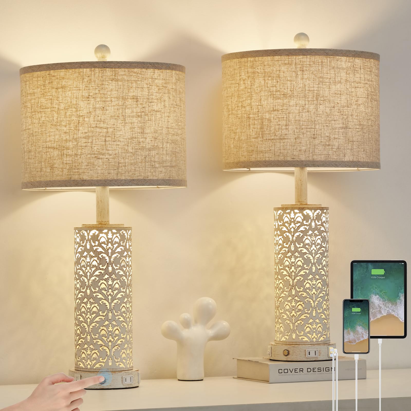 SAIWEYA 26 Set of 2 Farmhouse Table Lamp  3-Way Dimmable Touch Control with Nightlight  2 USB Ports + AC Outlet Vintage Rustic Bedside Lamp for Living Room Bedroom and Nightstand (White-2 Pack)