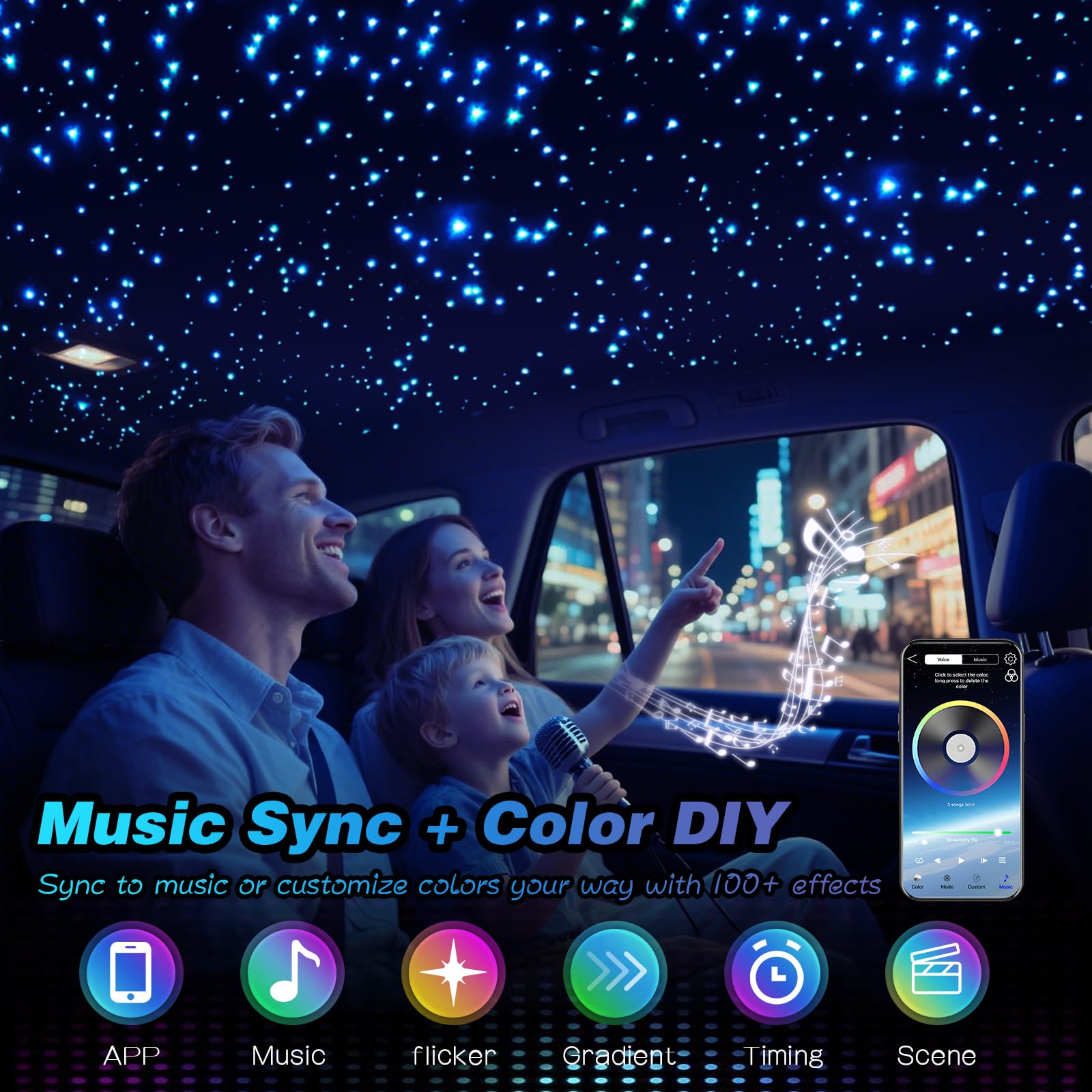 Starlight Headliner Kit 500Pcs 0.03in x 9.8ft - Twinkle Fiber Optic Car Roof Star Ceiling Lights | RGBW | Music Mode | APP & Rem