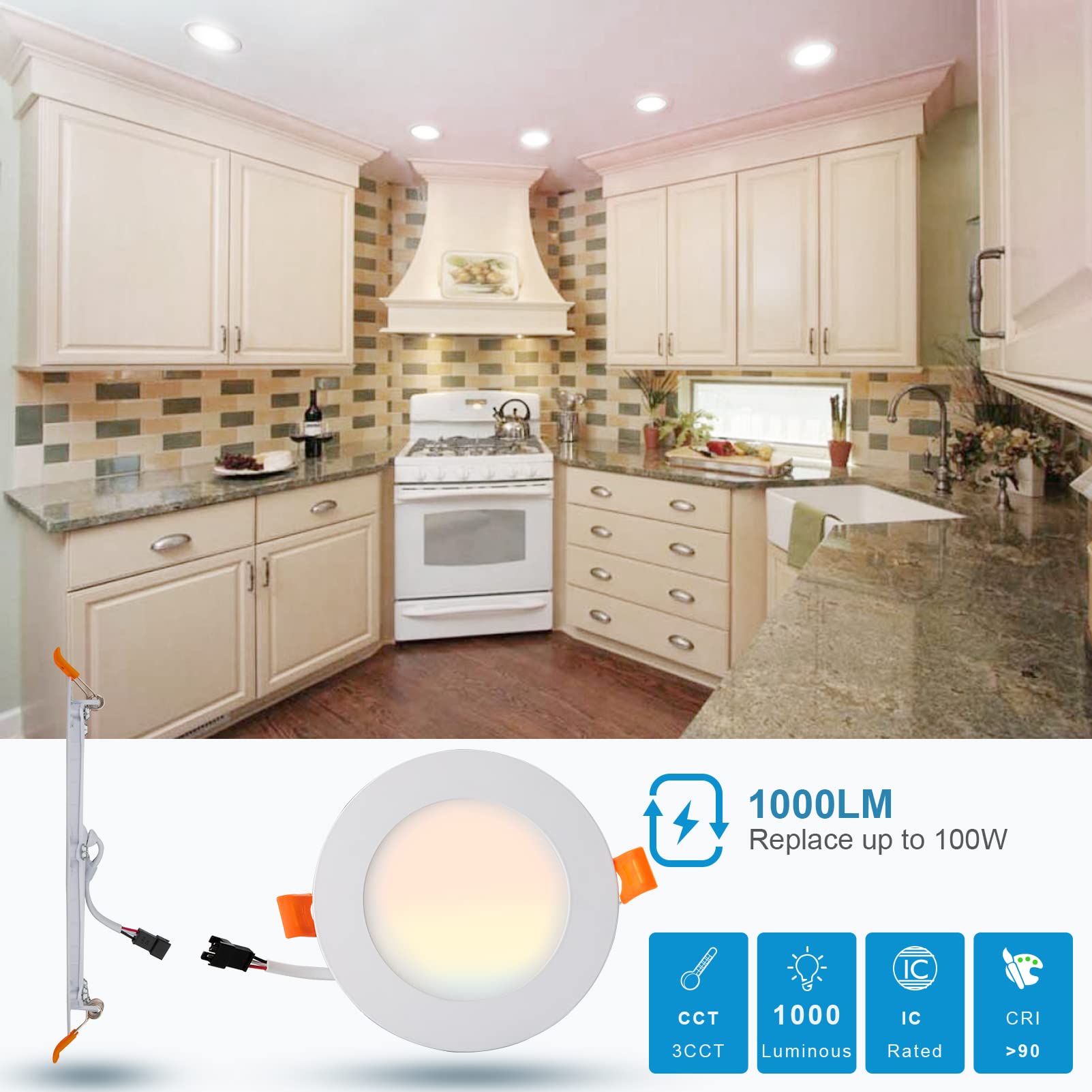 Lightdot 6 Pack Led Recessed Lighting 6 Inch Cri90 3Cct 3000K/4000K/5000K Led Can Lights Dimmable Resseced Light Fixtures Can-Killer Downlight Ceiling Light, 1200Lm Brightness Slim Pot Canless-Ic Rate