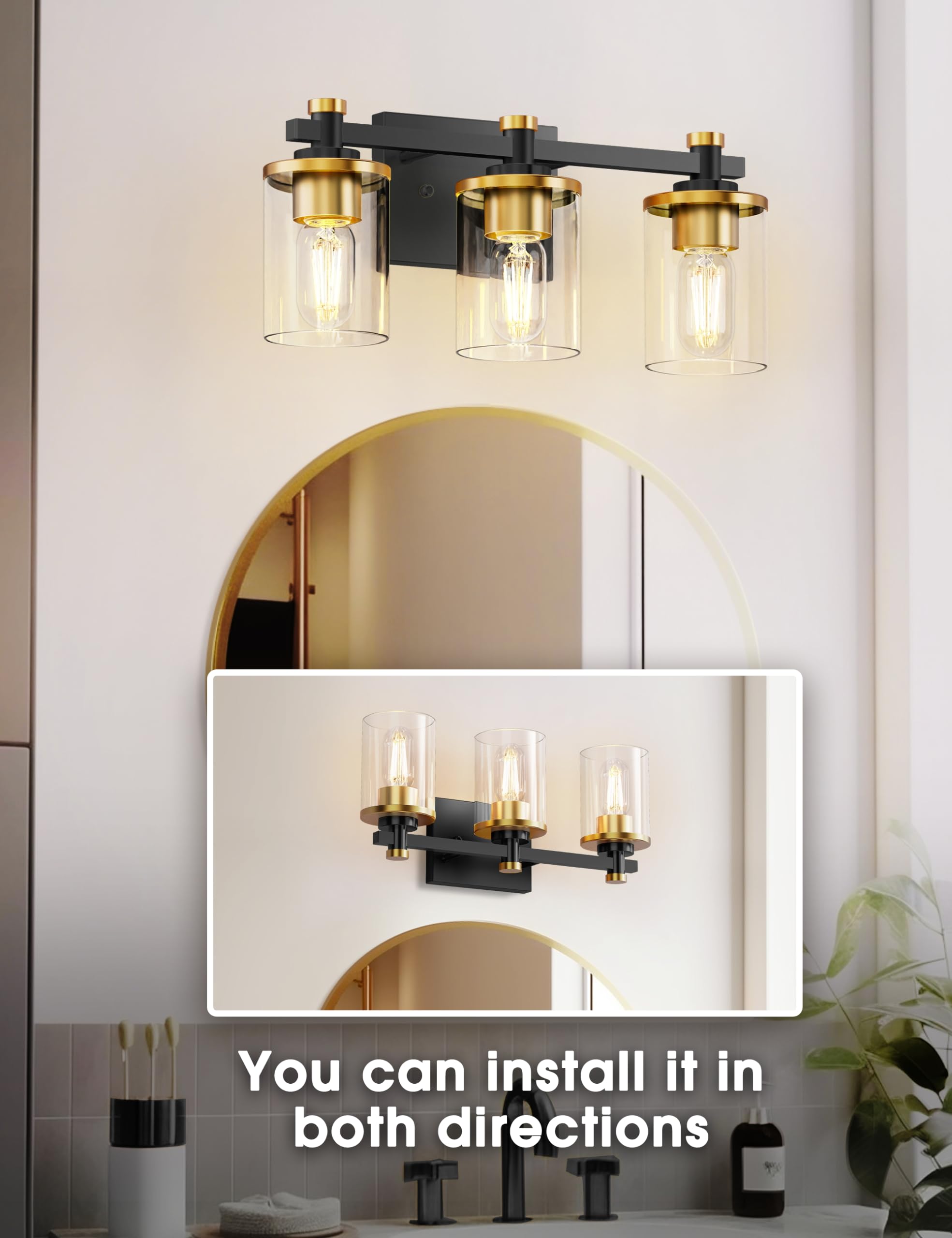 L LOHAS LED 3-Light Bathroom Vanity Light Fixture, Glass Shade, Black and Gold, Model A-JQD06T3GBE26