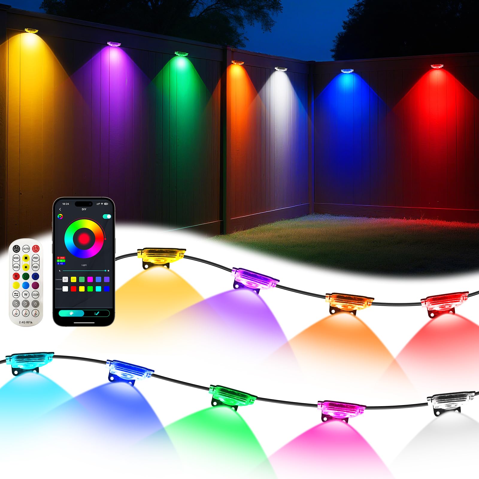 PIYOOPDR 100FT RGB-IC LED Outdoor Lights, IP67 Waterproof, App/Remote Control, Black, Model JG-001W-10