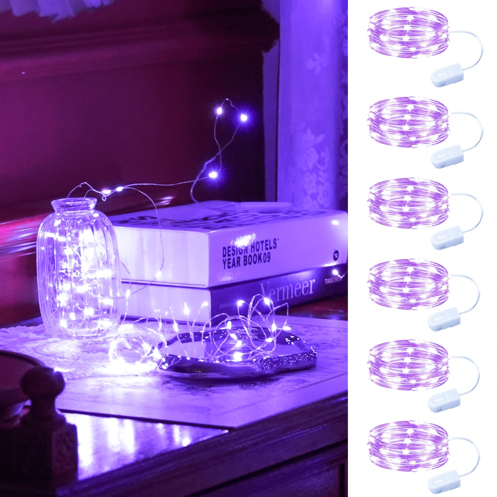 HXWEIYE Battery Operated Purple Fairy Lights, 7ft 20LED Mini String Lights, Waterproof, 6 Pack for Wedding, Party & Home Décor