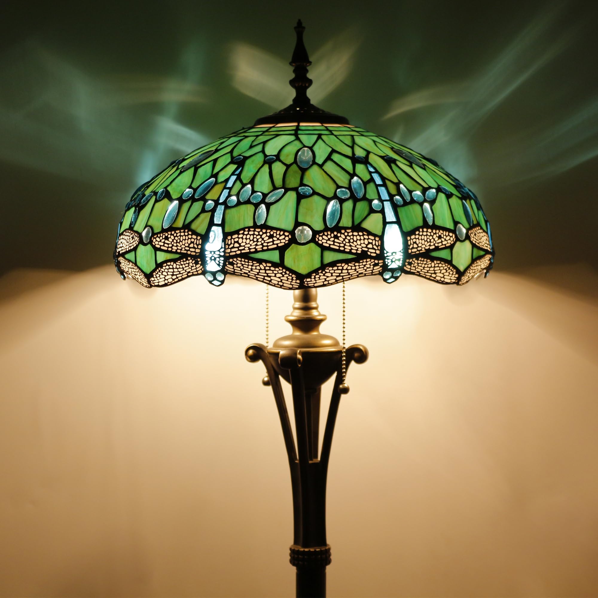 L-Juicwe Tiffany Floor Lamp Green Stained Glass Dragonfly Standing Reading Light 16X16X70 Inches Antique Pole Corner Lamp Decor 