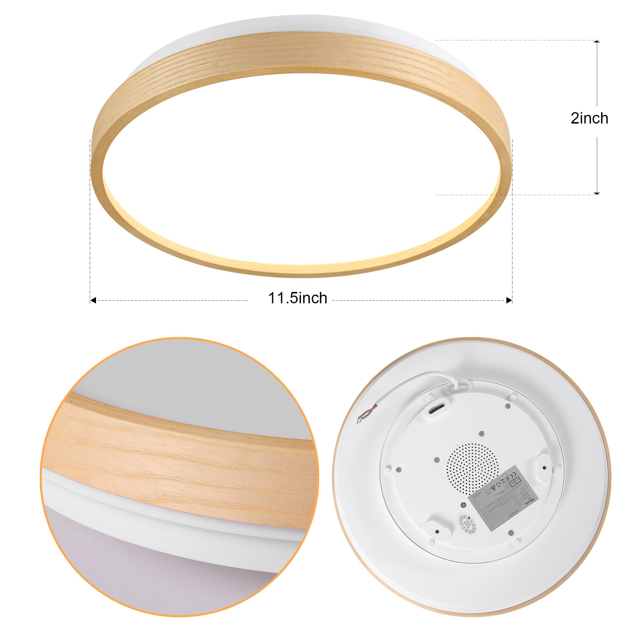 HOREVO Dimmable LED Flush Mount Ceiling Light with Bluetooth Speaker, RGB Color Changing, 24W, Wood, Model X003