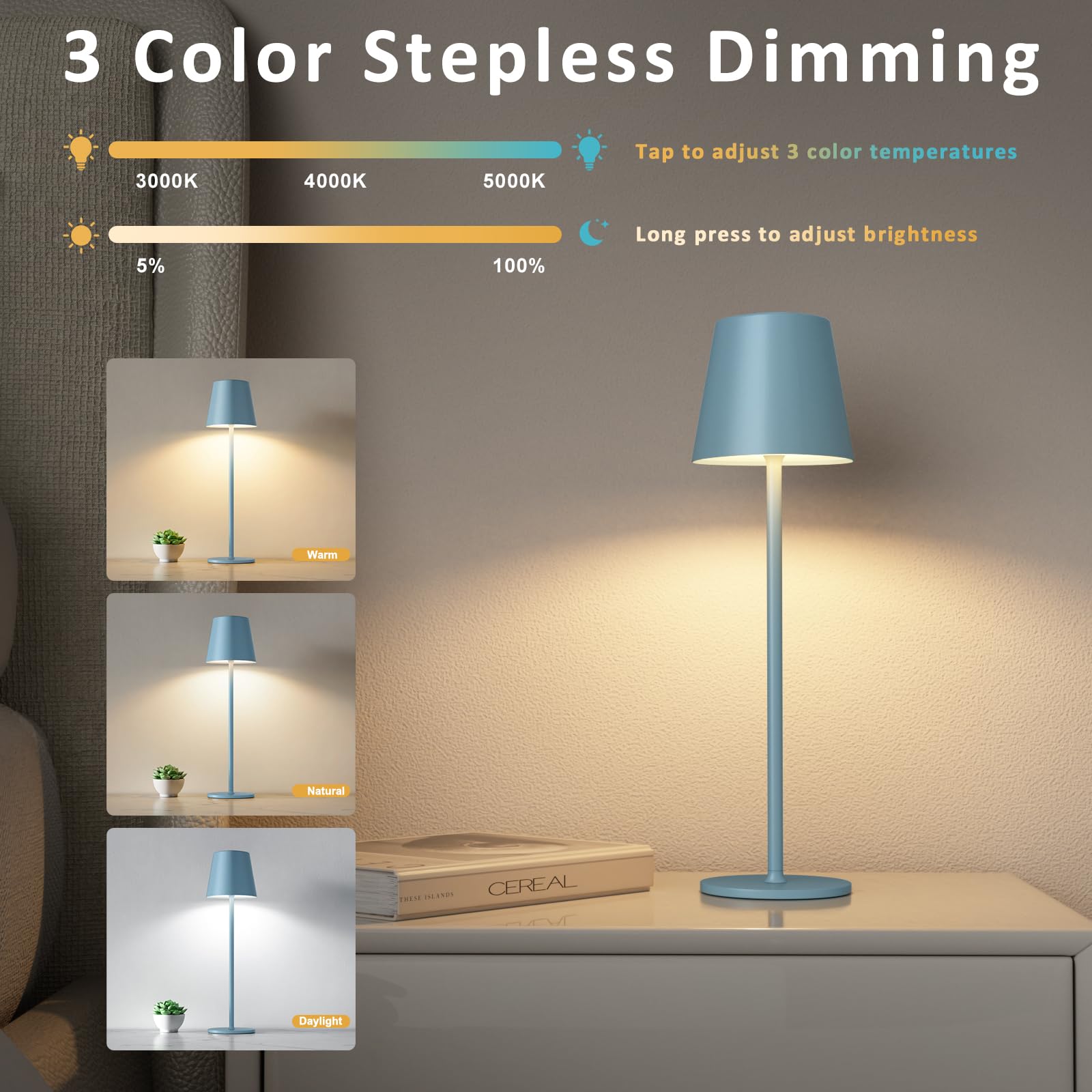 Kakanuo Blue Cordless Lamp, Rechargeable Lamps, Battery Operated, 3 Color Temperature, Stepless Dimmable, Led Portable Wireless