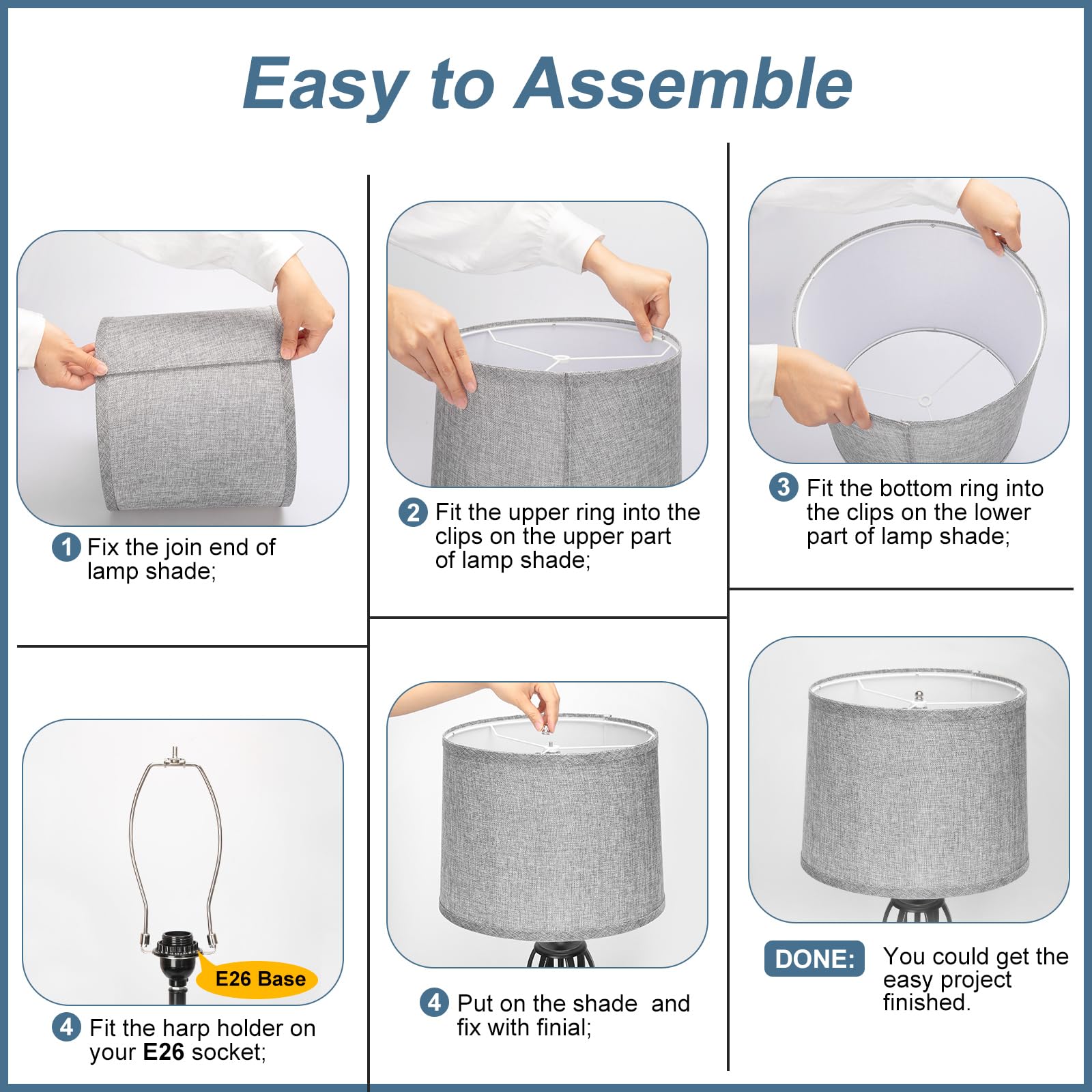 Seaside Village Drum Lampshades Set of 2, Gray Fabric, 11.6in Top x 12.6in Bottom x 9.8in High, Easy Assembly, Spider F