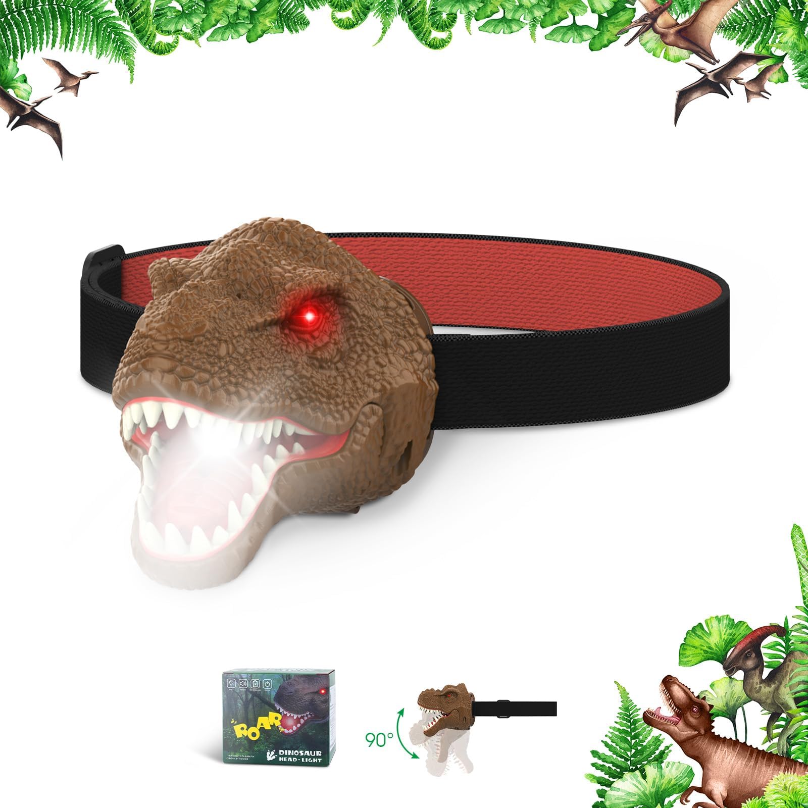 Dysaim Dinosaur Headlamp For Kids Head Lamp Outdoor Camping Essentials Gear Flashlight, Dinosaur Toys Headlight For Boys Girls, 
