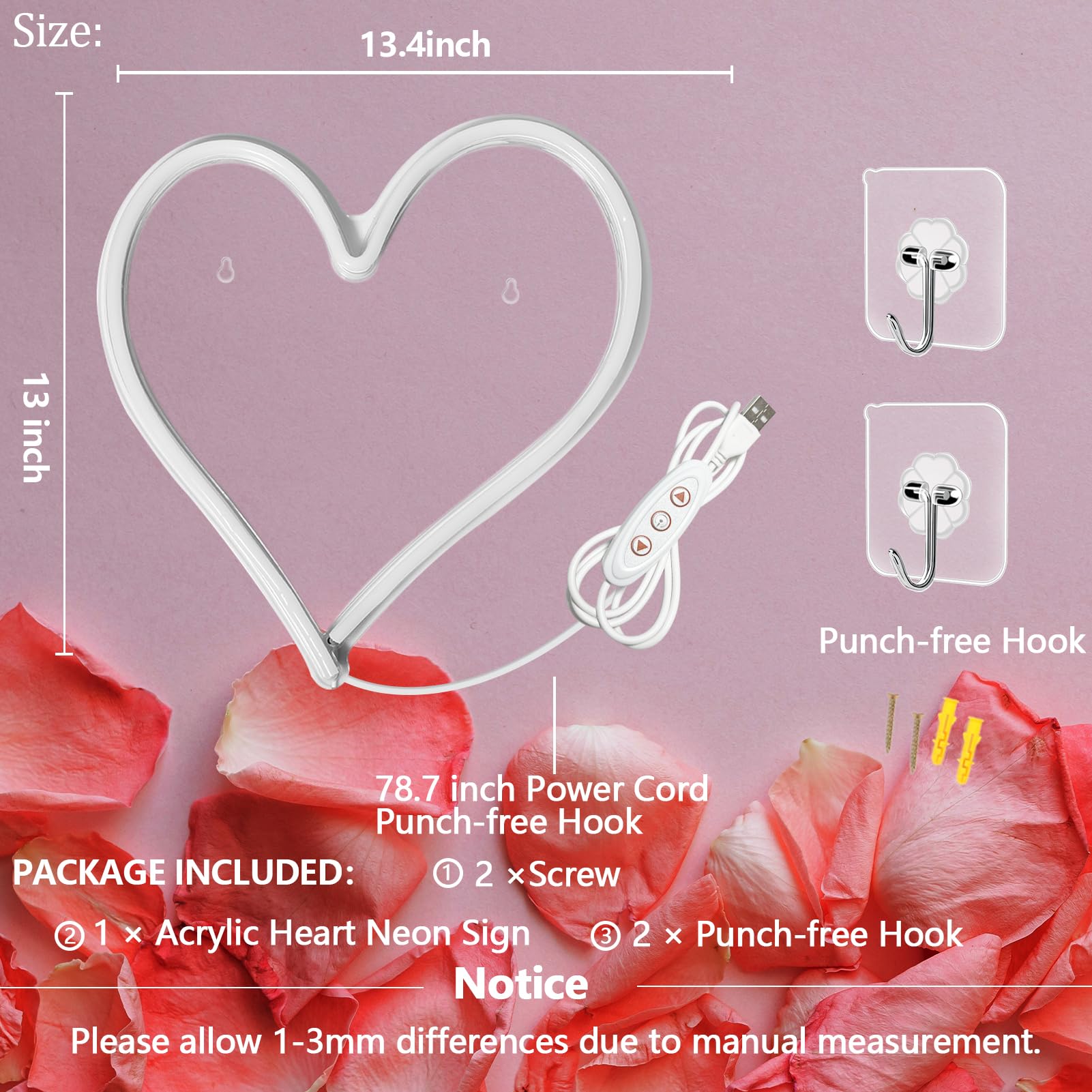 Bernicekelly Pink Heart Neon Sign - Dimmable Led Light For Bedroom & Party Decor, 13.4" X 13"