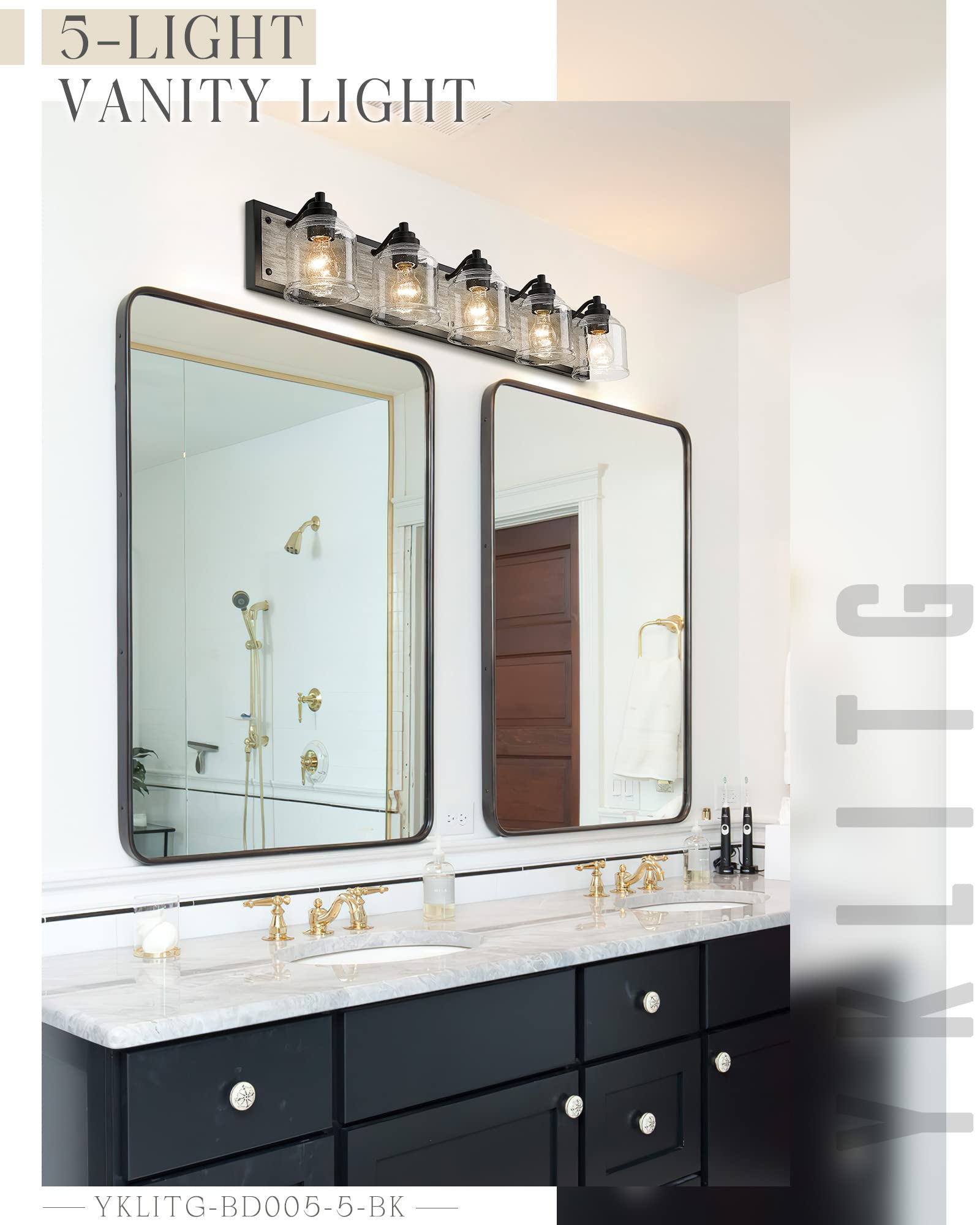 40" Large Farmhouse Bathroom Vanity Light,Handmade Grey Wood Vanity Light With Bubble Glass Shades,5-Light Rustic Wall Sconce Lighting Fixtures Over Mirror, Bd005-5-Bk