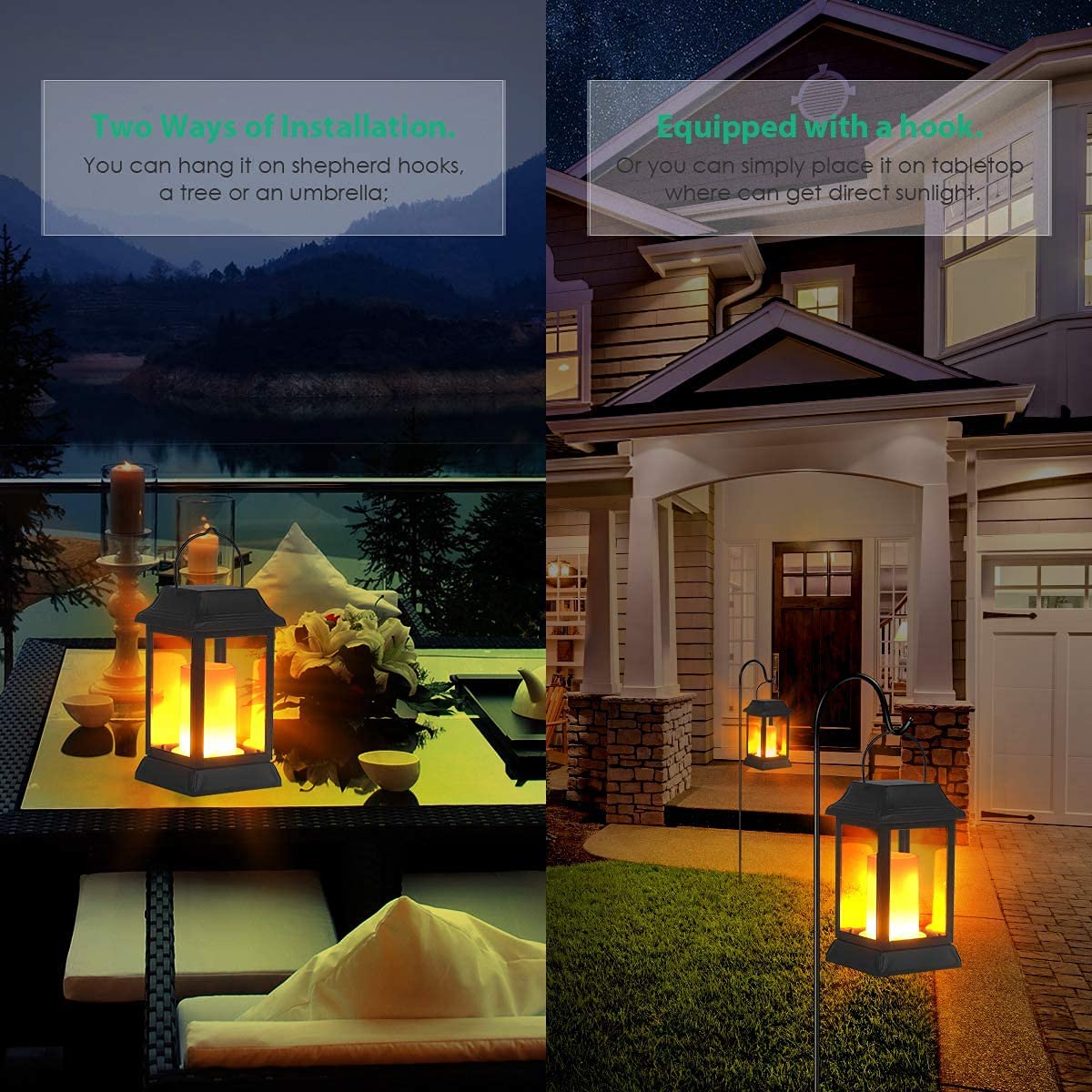 Tomcare Solar Lights Metal Flickering Flame Lanterns, Waterproof Outdoor Hanging Decor, 2 Pack, Black, Model Sz-19003