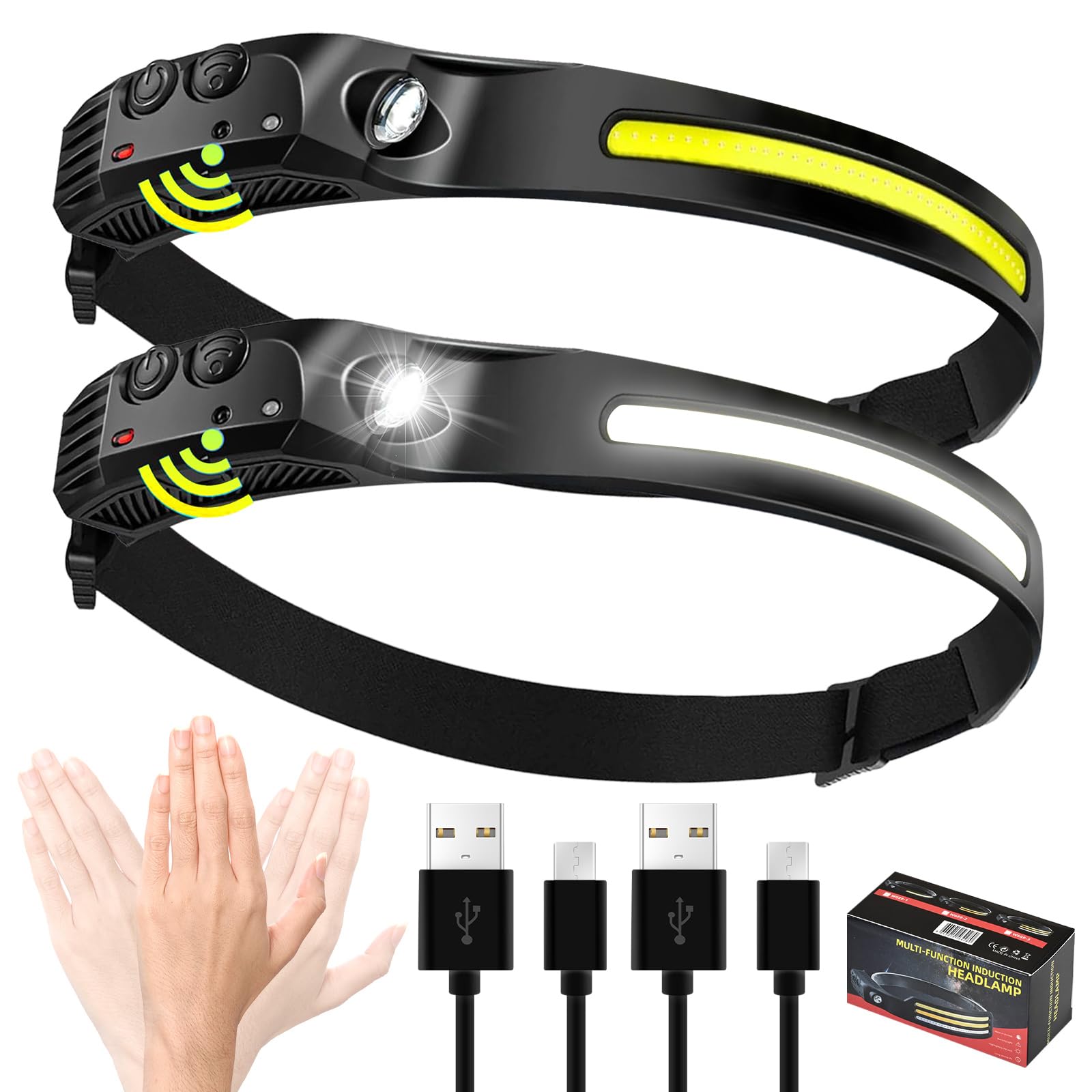 Rechargeable Headlamps 2Pcs,2000Mah Battery Powered Hard Hat Lights,5 Mode Bright Headlamp For Adults, Motion Sensor Lead Lights