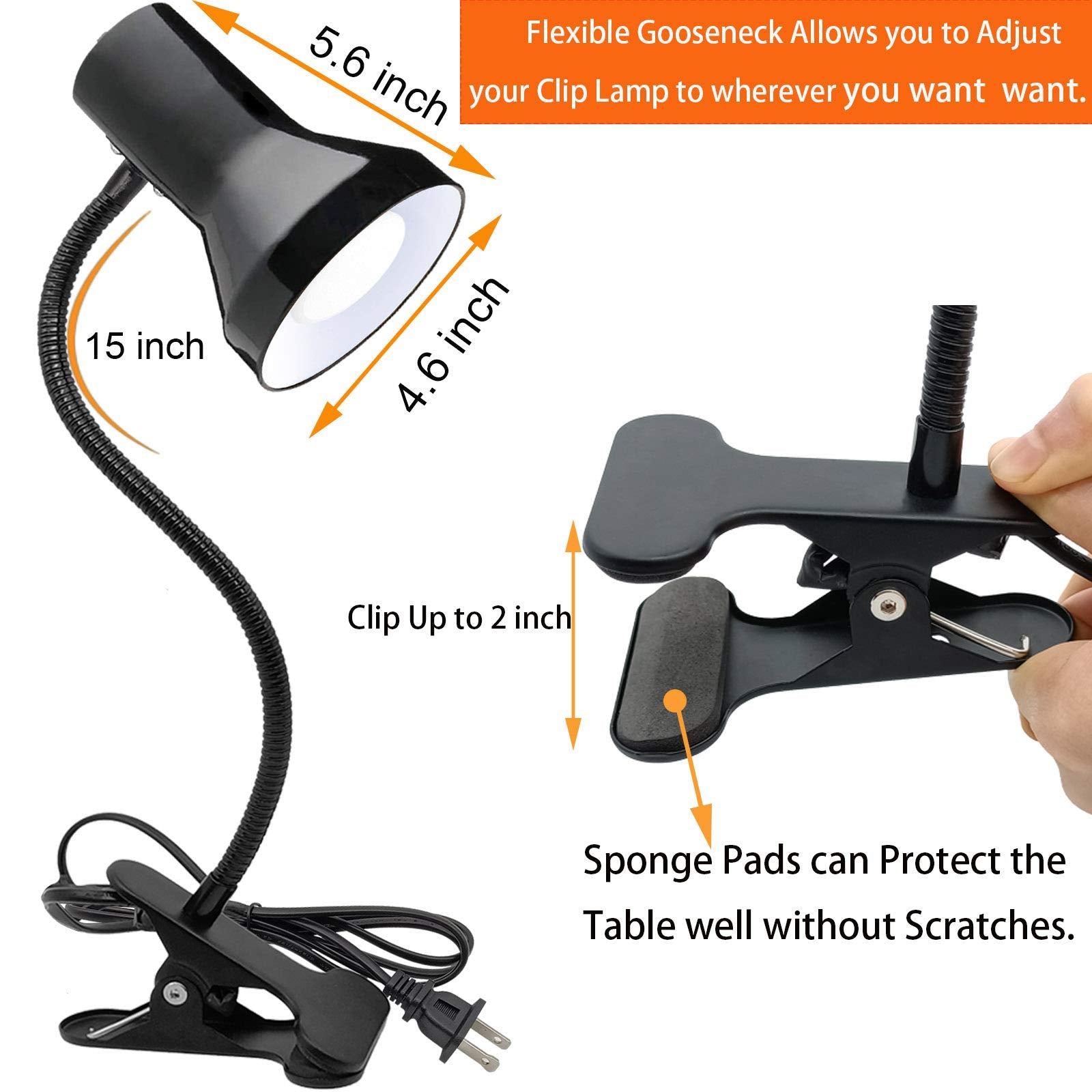 WimiSom Desk Lamp Eye-Caring Gooseneck Clip Light, Portable for Reading, Medium Size, Metal, Black, Model OUC-Desk lamp-0026
