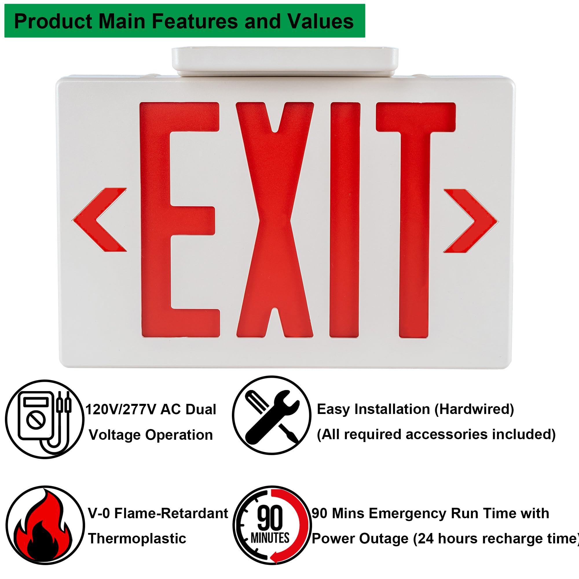 Gruenlich Led Exit Sign, Emergency Light With Double Face And Back Up Batteries- Us Standard Red Letter Exit, Ul 924 Qualified, 120/277 Voltage, 4-Pack