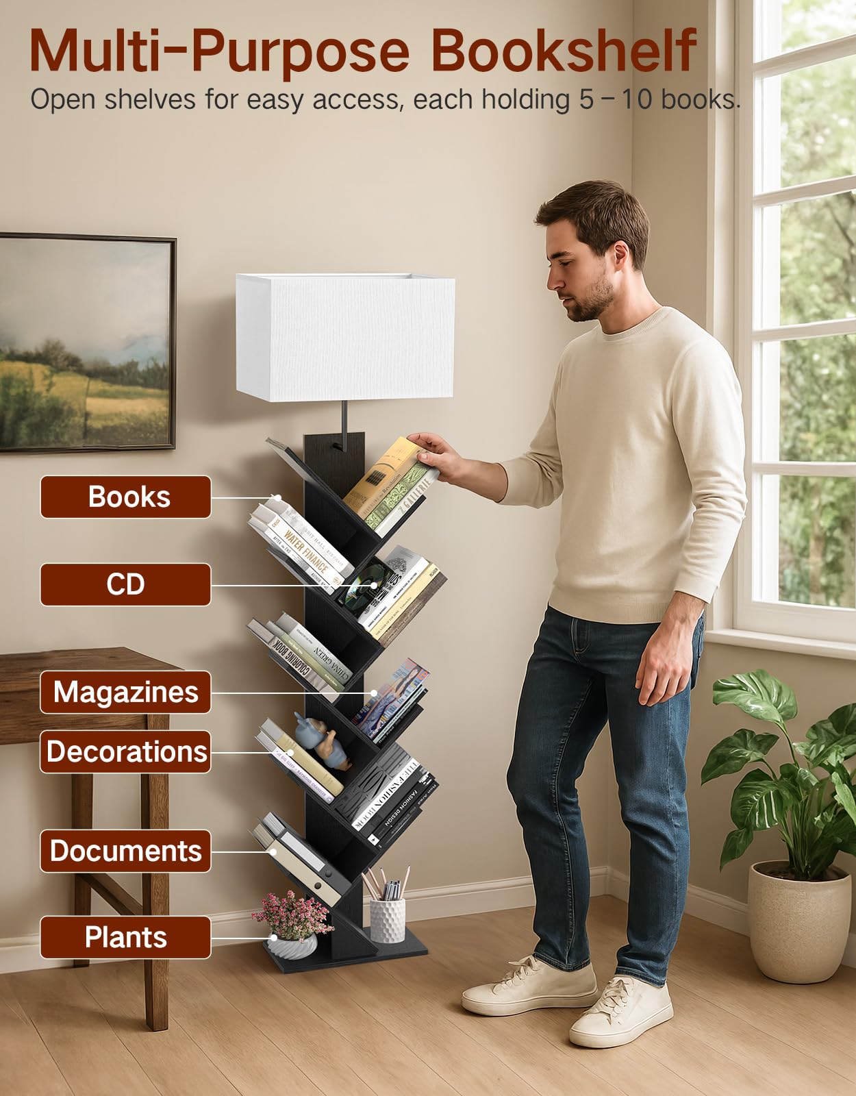 Outonlife 9 Tier Tree Bookshelf With Light, Remote & Timer, Dimmable Tall Floor Standing Lamp, Narrow Wood Bookcase, Small Book