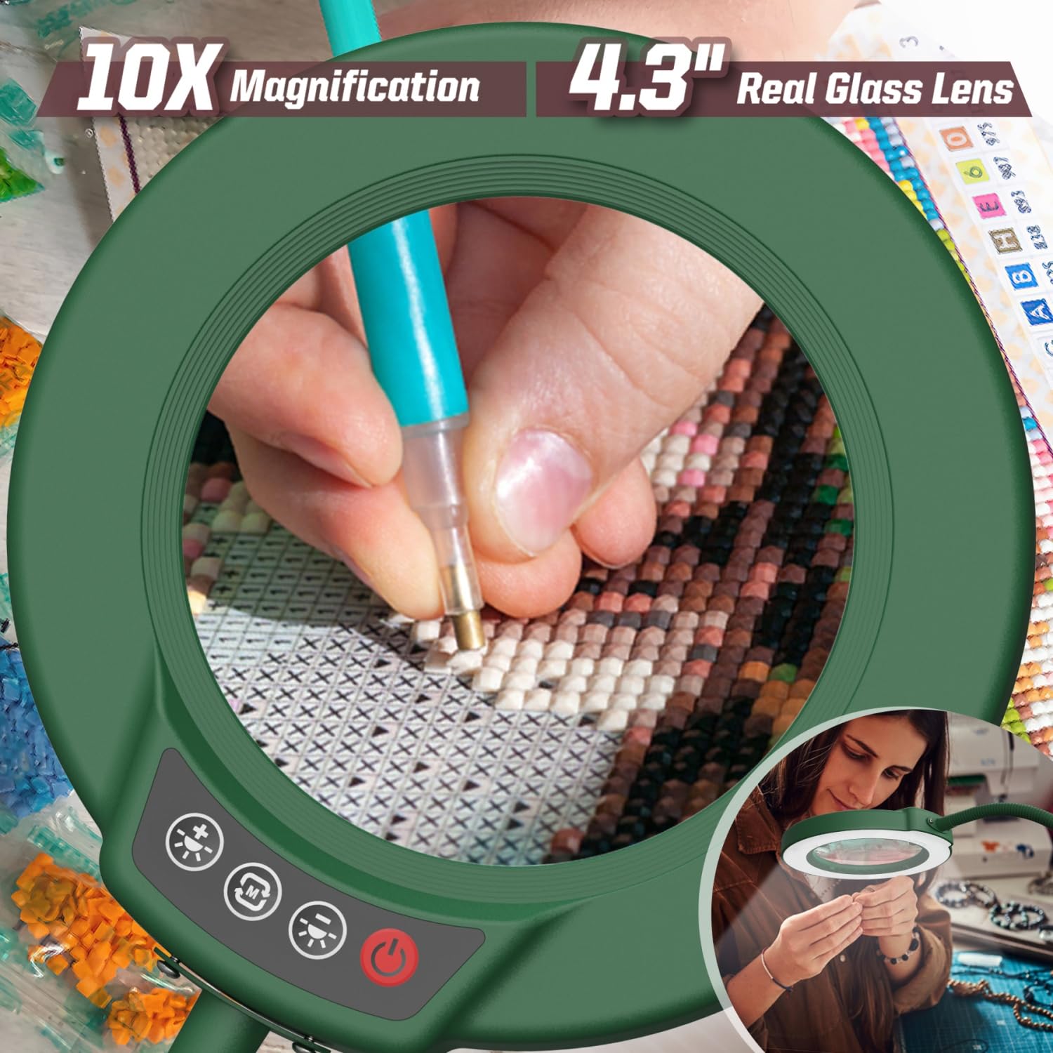 Krstlv 10X Magnifying Glass with Light, Stepless Dimmable LED, Flexible Gooseneck, Green, Model EG906