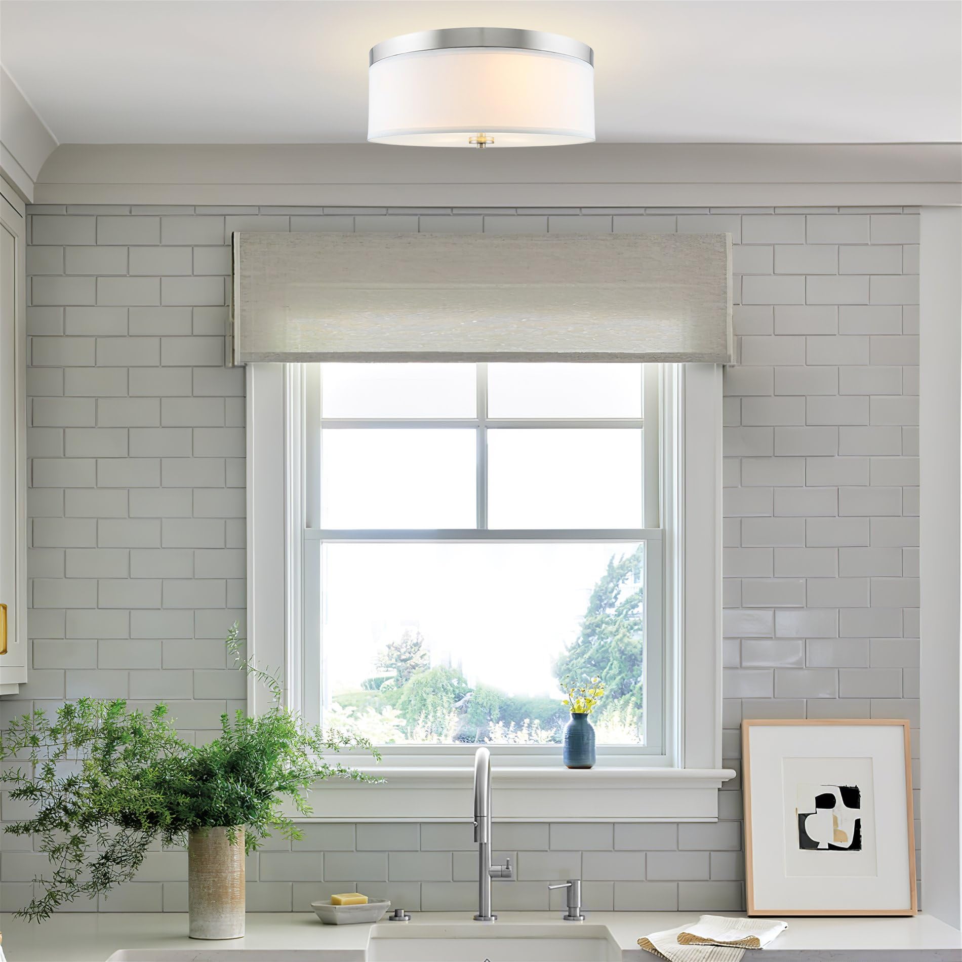 Kira Home Walker 20'' Large Mid-Century Modern 3-Light Flush Mount Ceiling Light, White Fabric Shade + Round Glass Diffuser, Bru