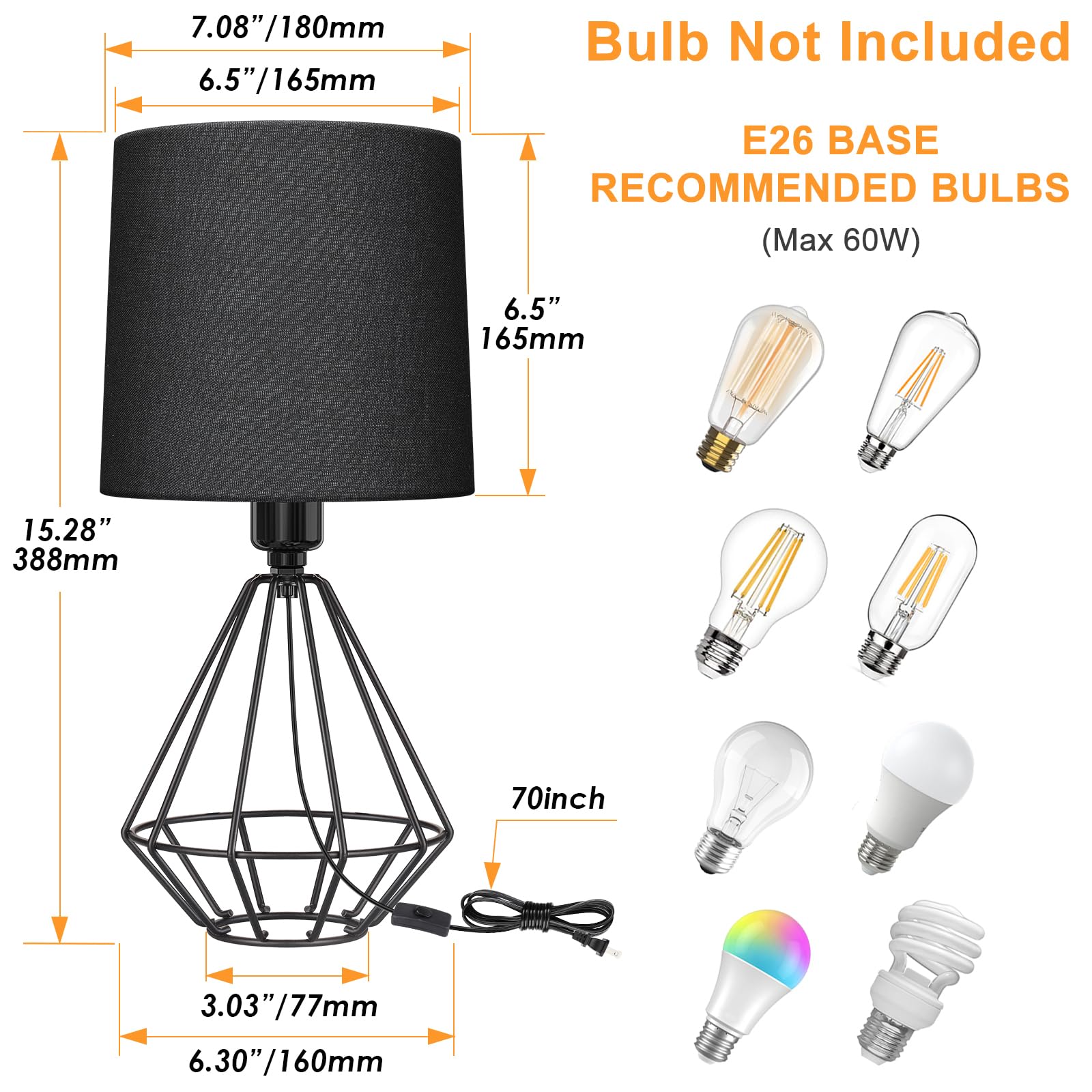Ggoying Set Of 2 Bedside Table Lamp, Black Metal Modern Lamp With Black Fabric Shade, Simple Side Lamp For Living Room,Bedroom,H