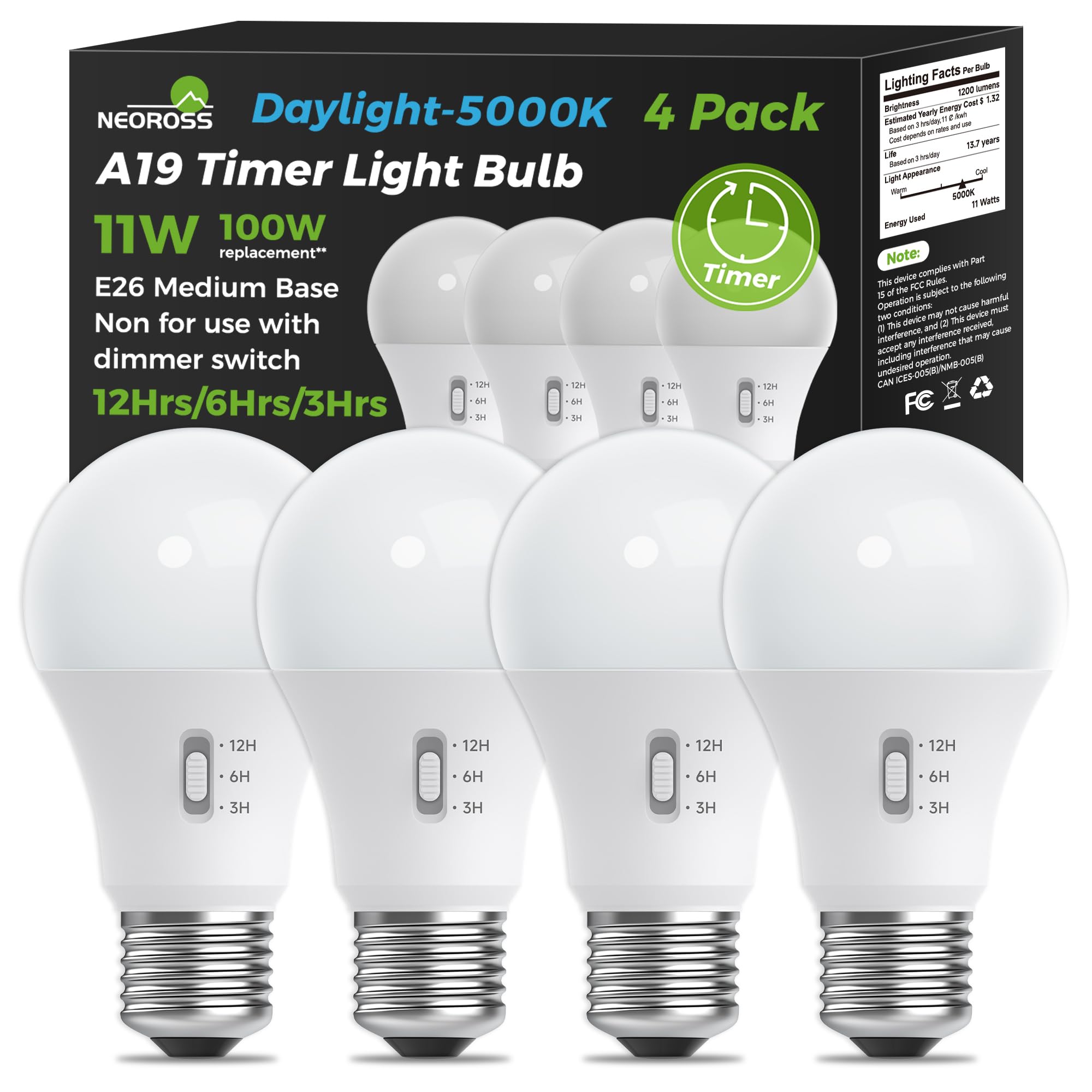 Neoross Timer Light Bulb, A19 Equivalent 100W Led Bulb, 12/6/3H Built-In Automatic Timer, 11W 5000K Daylight, 1200Lm, E26 Base, 