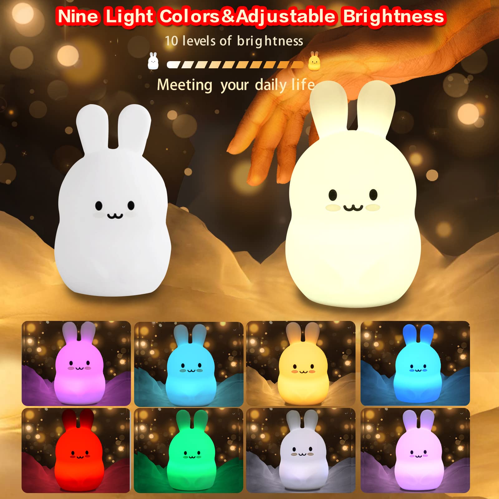 Wha&Darren Night Light For Kids, Bunny Night Light, Silicone Nursery Light For Baby And Toddler, Squishy Night Light For Kids Room, Animal Night Lights For Girls And Boys, Cute Lamps For Bedroom