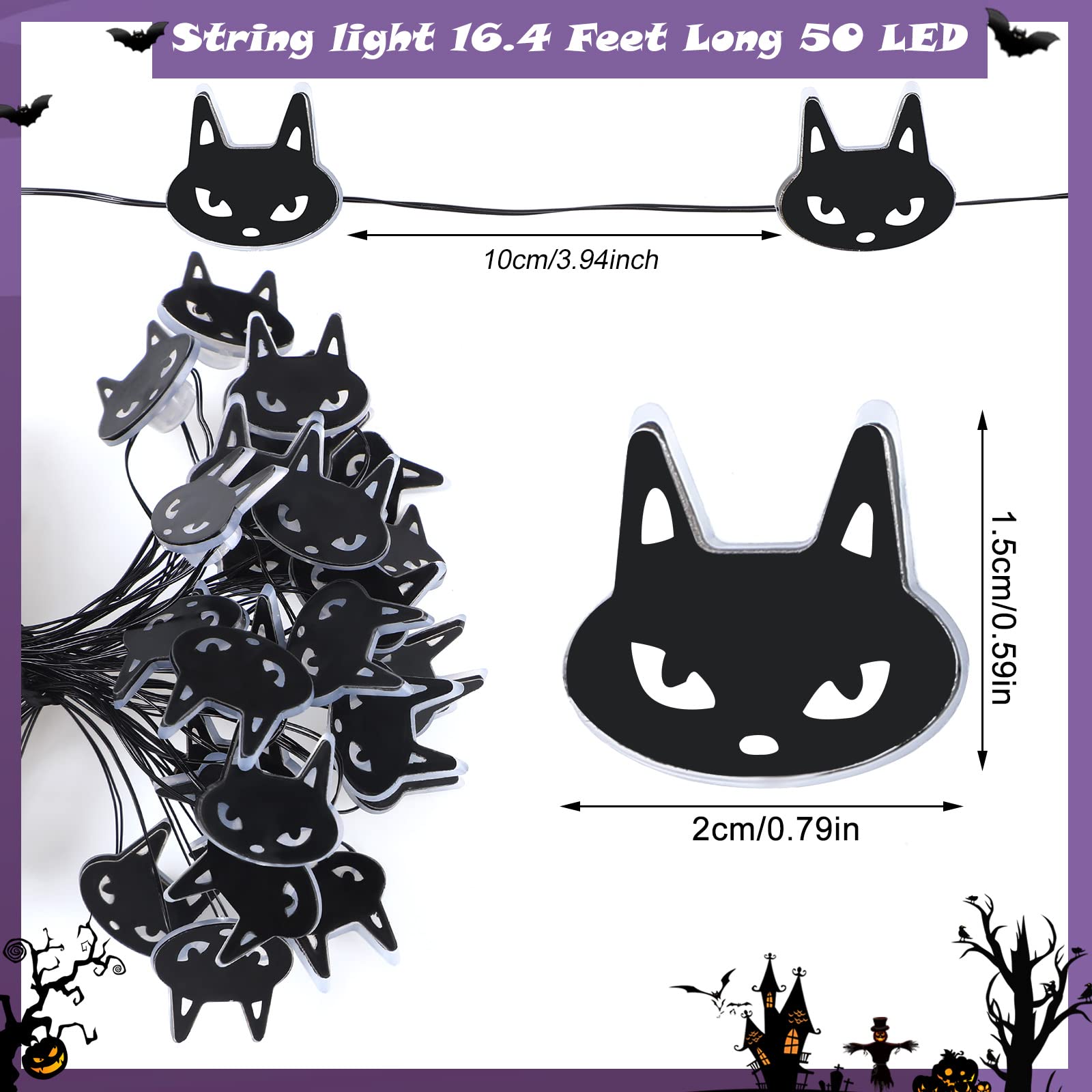 Kingdder Black Cat Halloween Decor Halloween Black Cat Lights Battery Operated 16.4 Feet 50 LED Black Cat Light Indoor LED Decor
