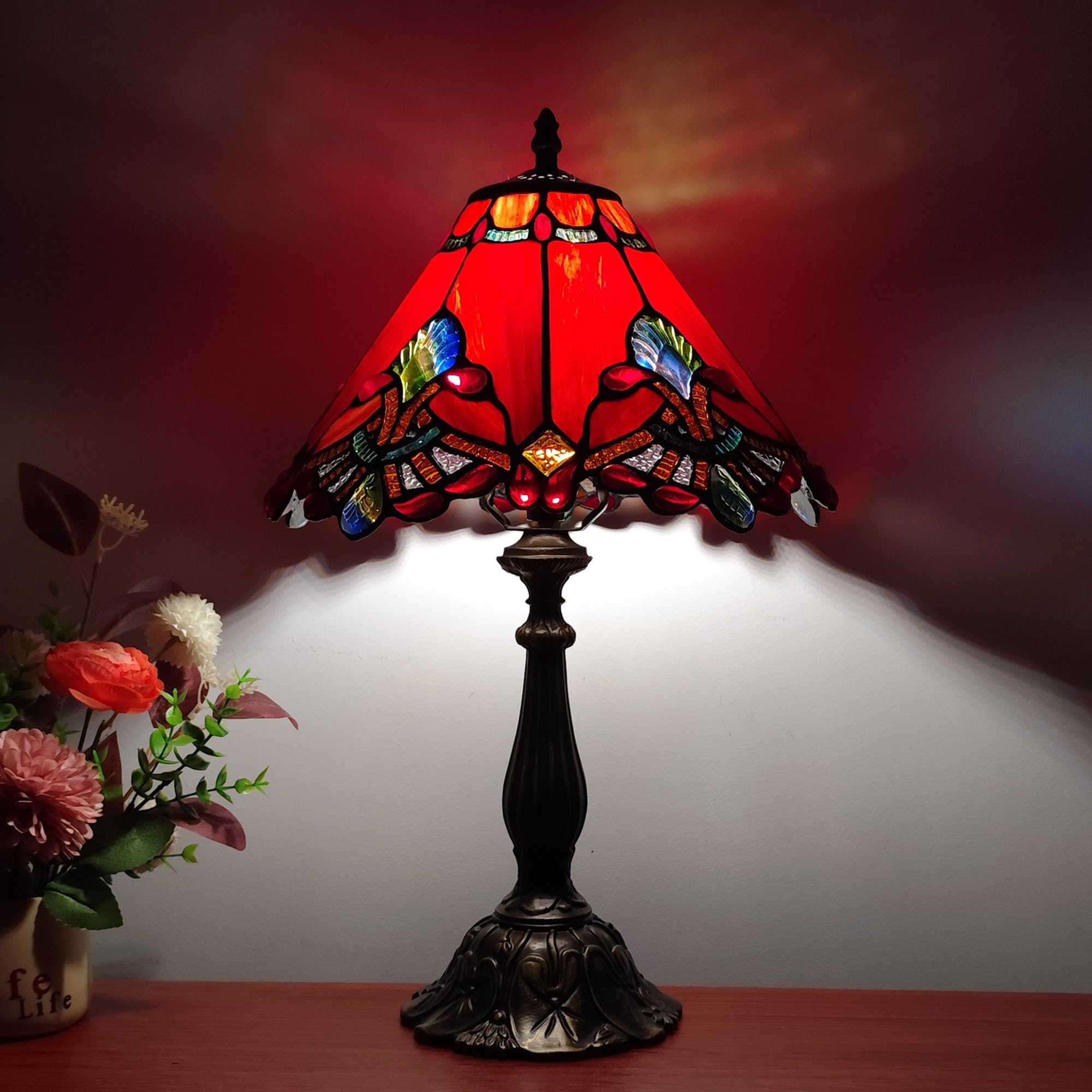 XPHMXP Tiffany Table Lamp Red Baroque Style Stained Glass Lamp 12X12X19 Inch Antique Lamp for Office Home Bedroom Living Include