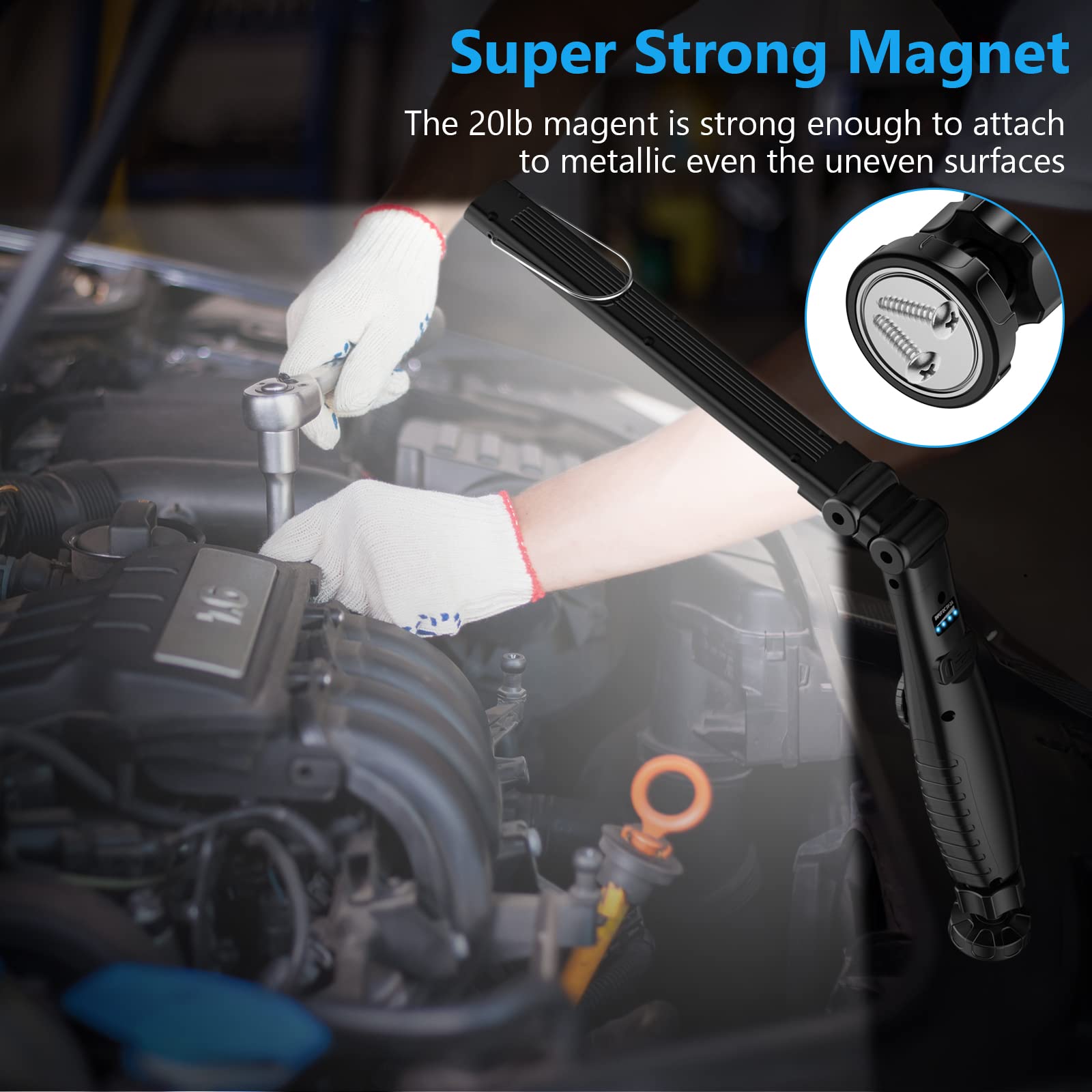 Nileboom Led Work Light,800 Lumens Foldable Rechargeable Cob Work Light With Magnetic Base& Hook, 360°Swivel Flashlight, Usb Cable For Car Repair, Home, Garage, Emergency And Outdoor Camping, 3000Mah