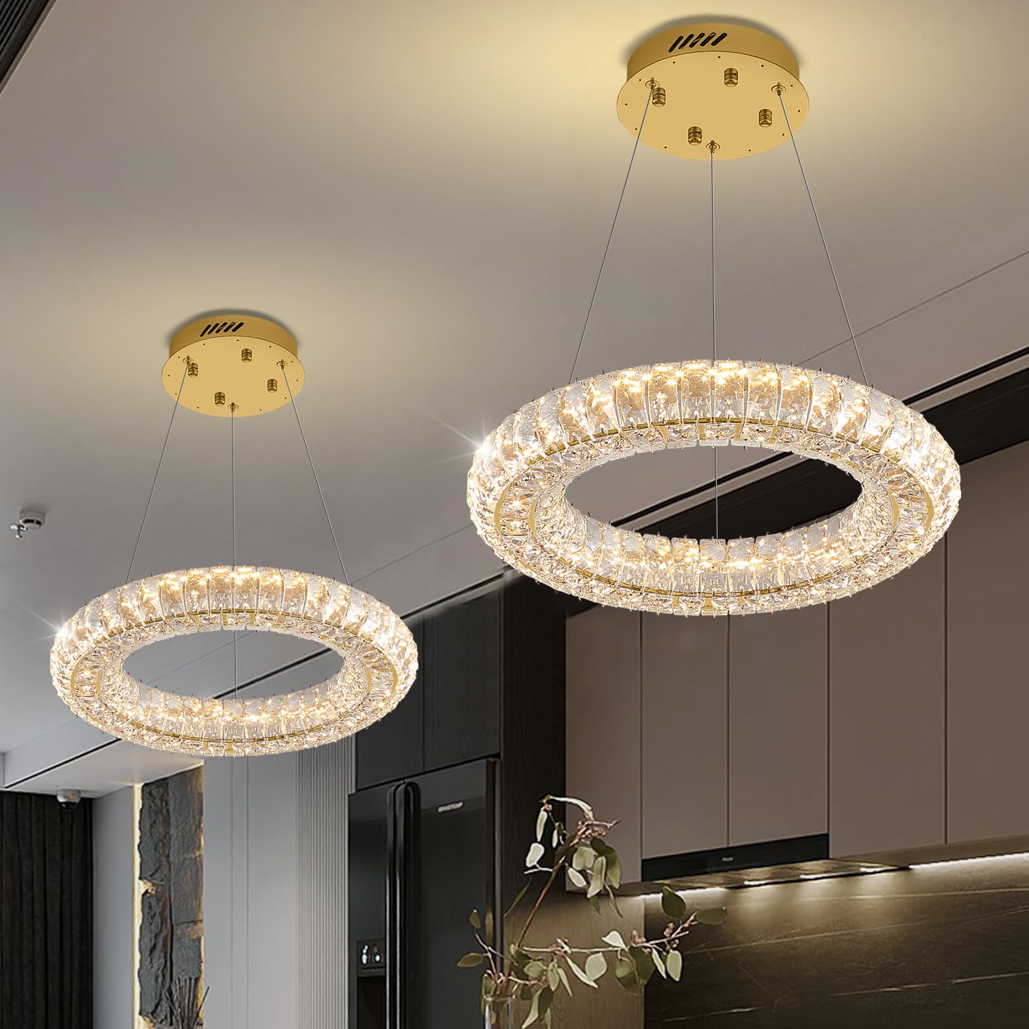 Idequy Modern Crystal Chandelier Dimmable Led 15.7'' Gold Ring Pendant Light Adjustable Round Crystal Chandelier Light Fixtures