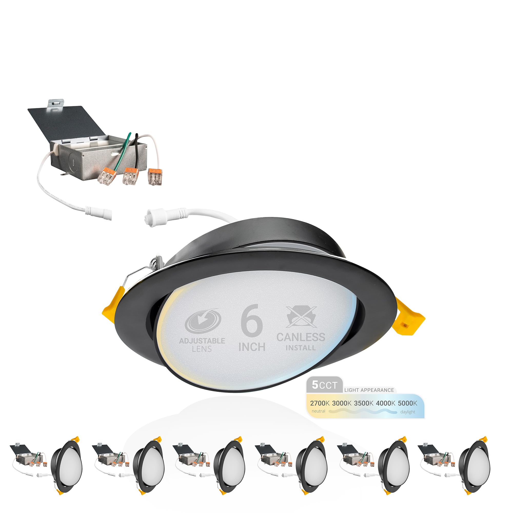 NUWATT 6 Inch Black Gimbal LED Recessed Lighting Canless Wafer Lights, 5CCT 2700K/3000K/3500K/4000K/5000K, Dimmable, 1050LM, 12W