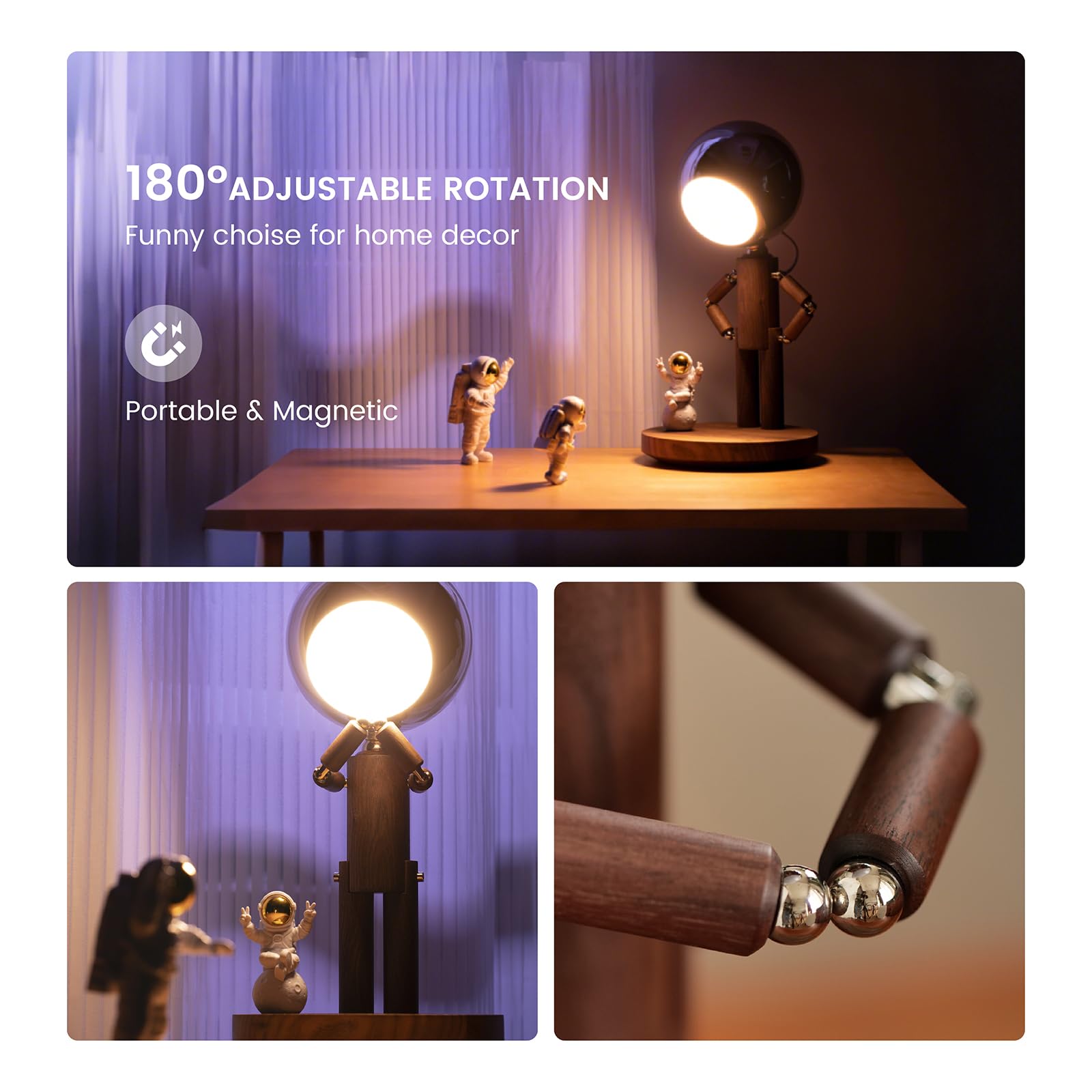 Vadifula Cordless Table Lamp  Rechargeable Wooden Table Lamp With Touch Control & Adjustable Brightness  Cordless Decorative Bedside Lamp For Bedroom  Home Decor & Unique Gifts  Black Walnut