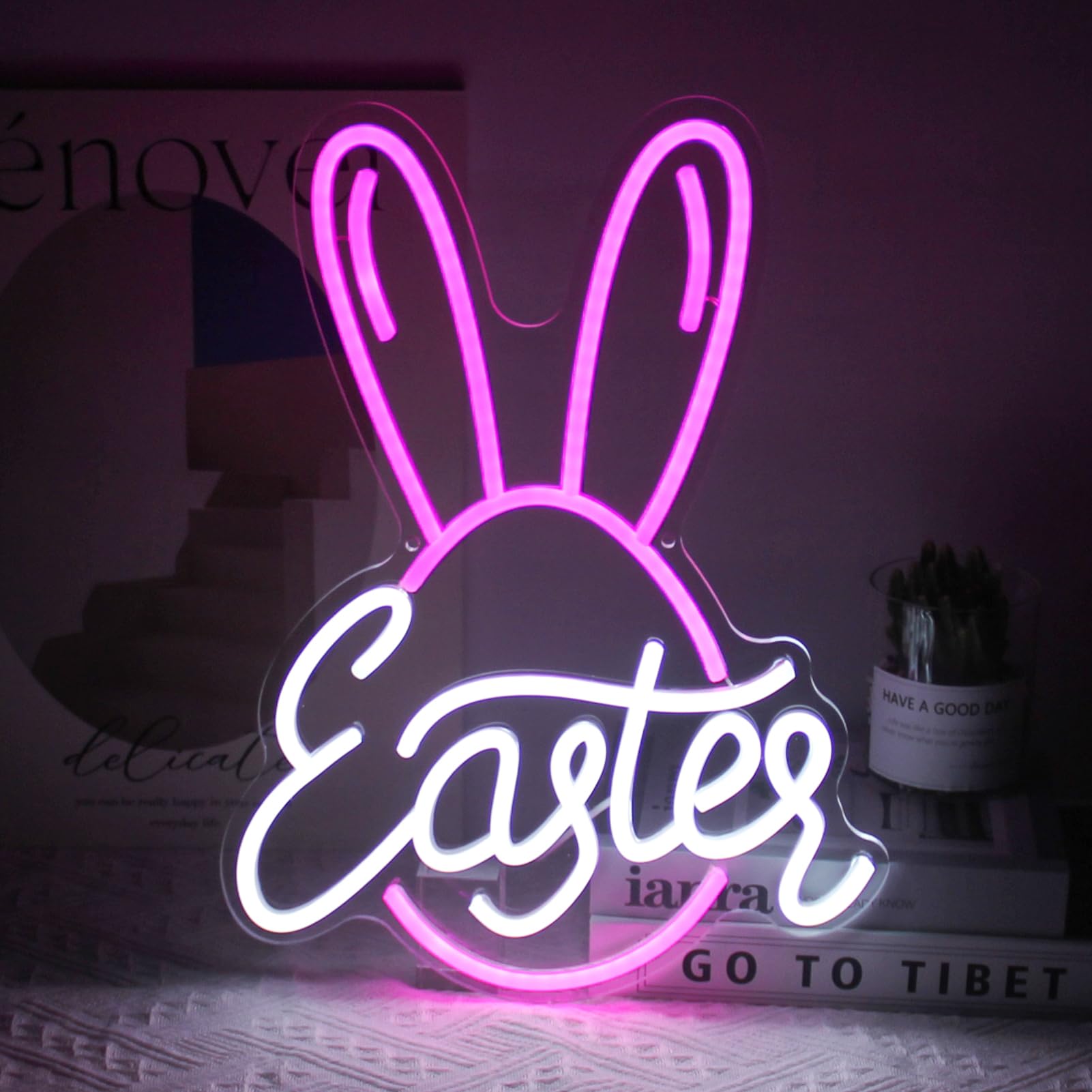 Kullneon Easter Bunny Neon Sign Pink Easter Egg Neon Light Rabbit Ears LED Neon Signs for Wall Decor Easter Day Neon Light Sign