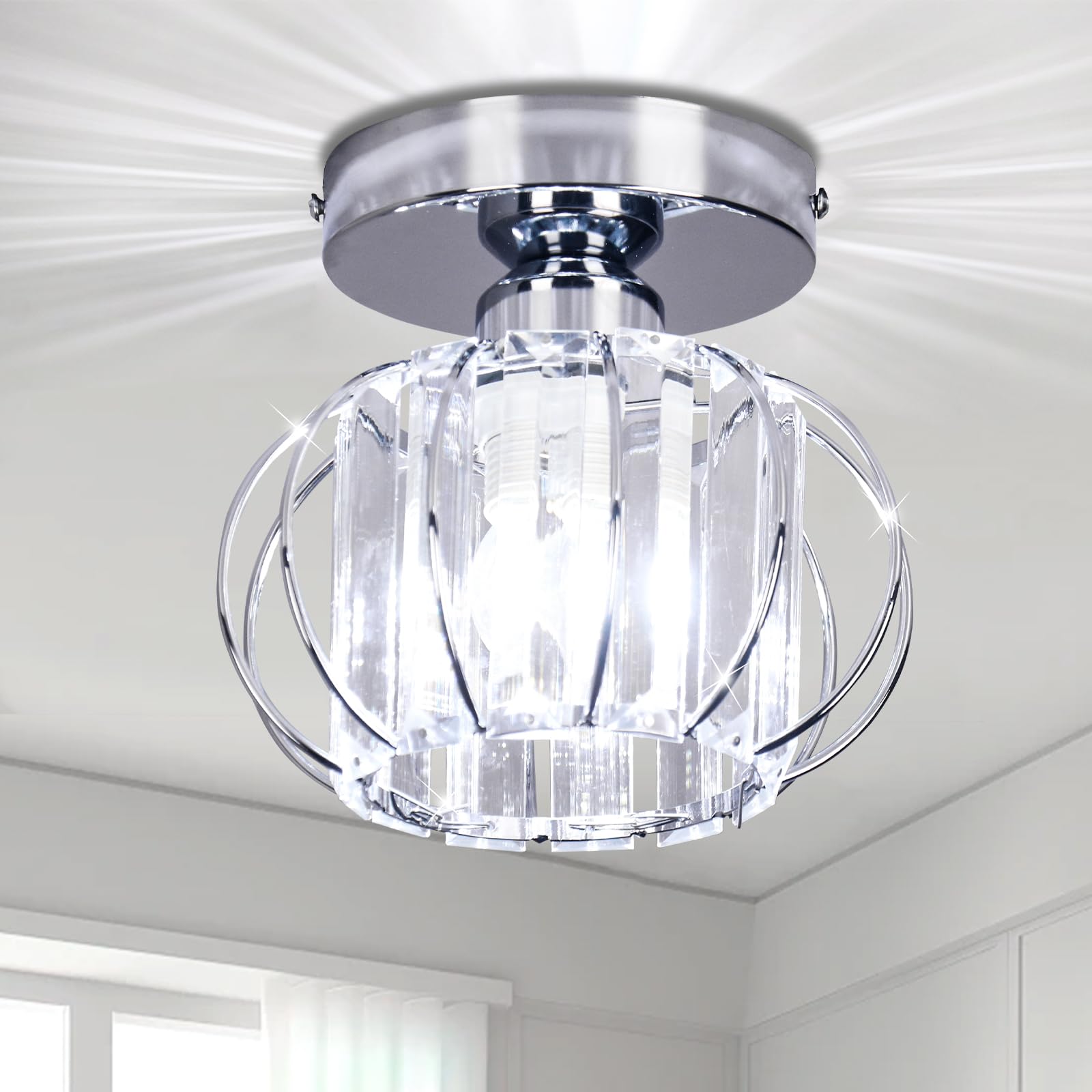 FRIXCHUR Small Chandelier Semi Flush Mount Ceiling Light Fixture Chrome Crystal Ceiling Lighting Modern Crystal Ceiling Light Fi