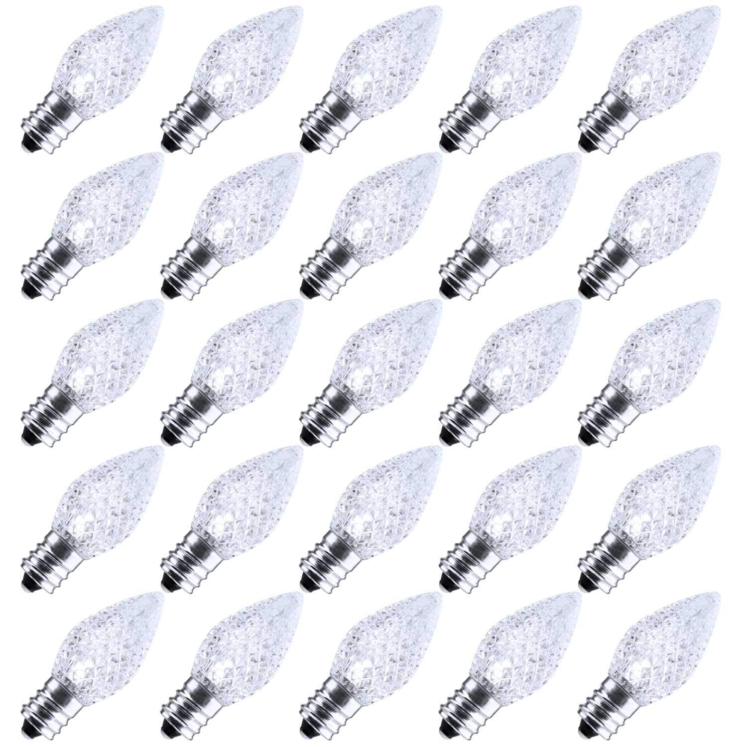 Minetom C7 LED Christmas Light Bulbs, Dimmable, Shatterproof, 25 Count, Pure White