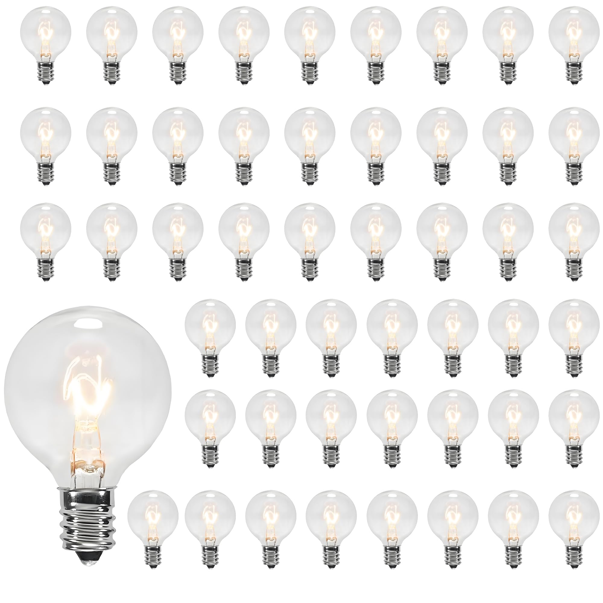 50 Pack G40 Light Bulbs Replacement, 120V 5W Clear Globe G40 Outdoor String Lights Bulbs Replacement, C7 Or E12 Candelabra Base 