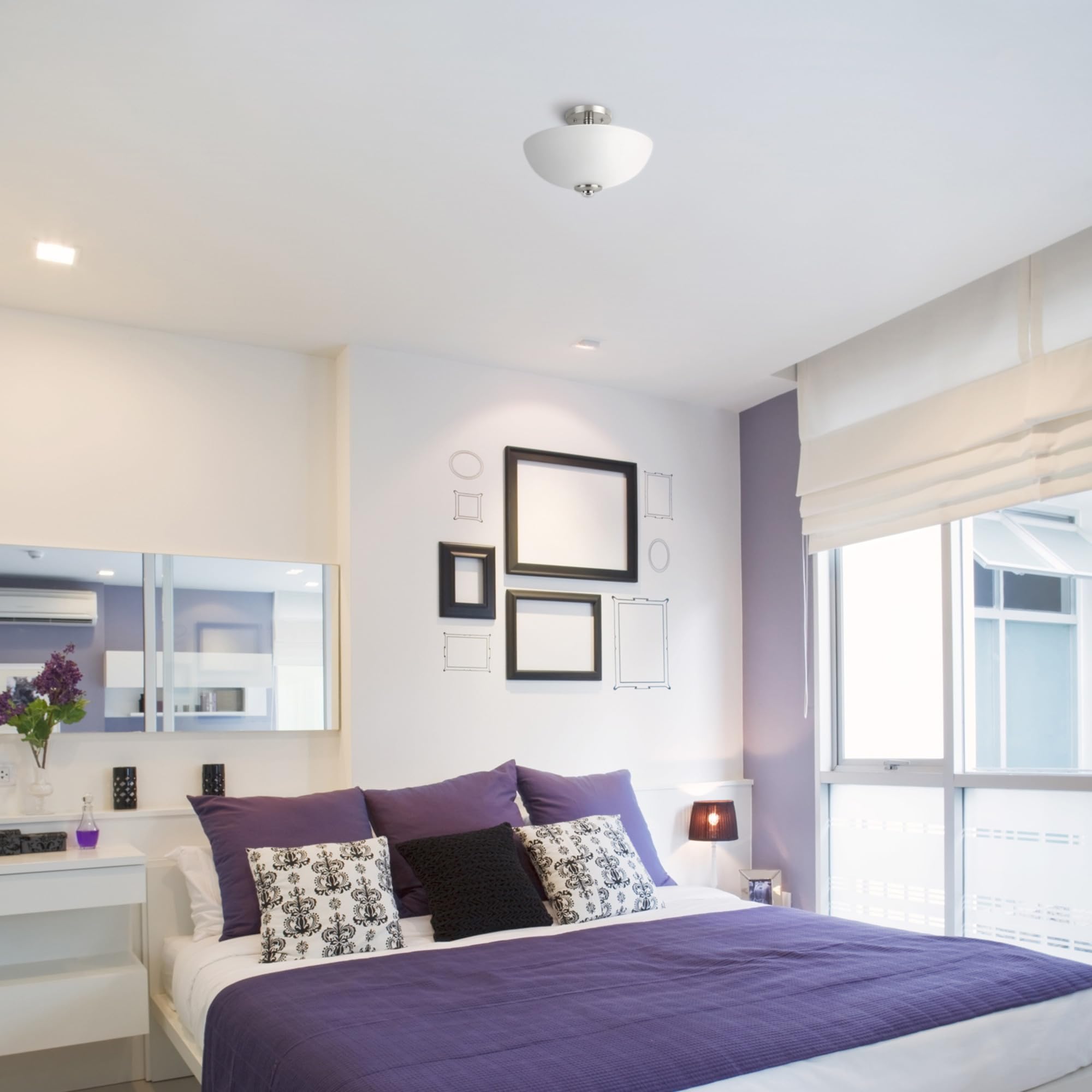 Globe Electric 63357 2-Light Semi-Flush Mount Ceiling Light, Brushed Nickel, Chrome Accents, Frosted Glass Shade, Kitchen, Light