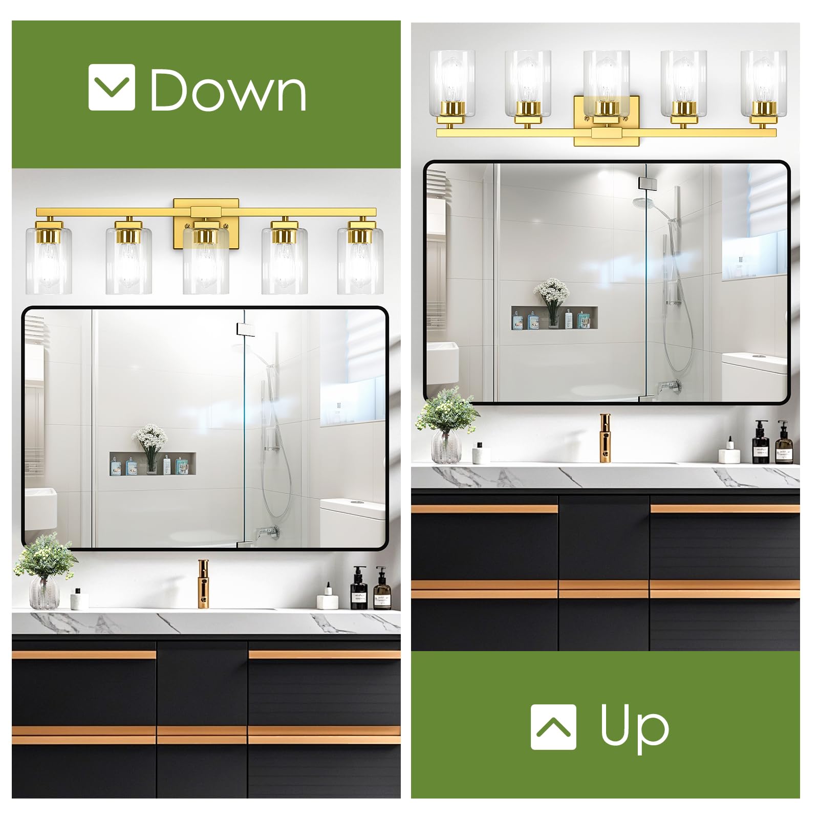 Beslowe 5-Light Bathroom Light Fixtures, Gold Bathroom Vanity Light, Bathroom Lighting Fixtures Over Mirror, Gold Bathroom Wall