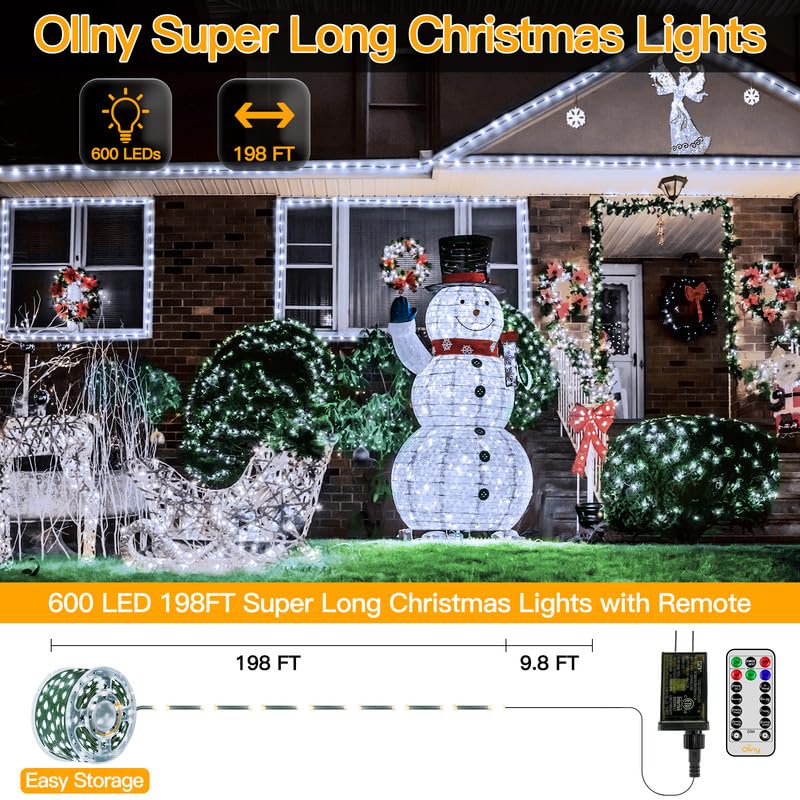 Ollny Christmas Lights, 198 Ft 600 Led Outdoor Waterproof Plug In Christmas Tree Lights With 8 Modes Remote Timer, String Lights