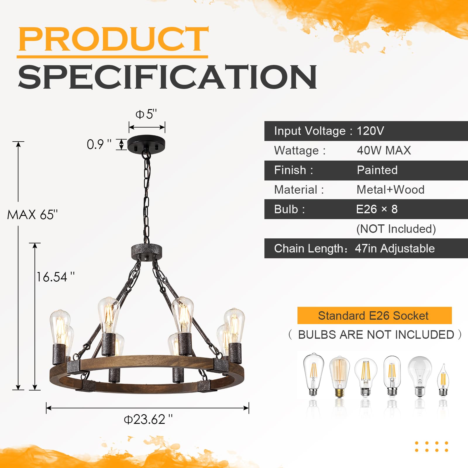 Benkut 23.6" Black Rustic Wagon Wheel Chandelier, 8-Light Wood Fixture for Dining Room, Kitchen, Entryway, Model P62-8Z1