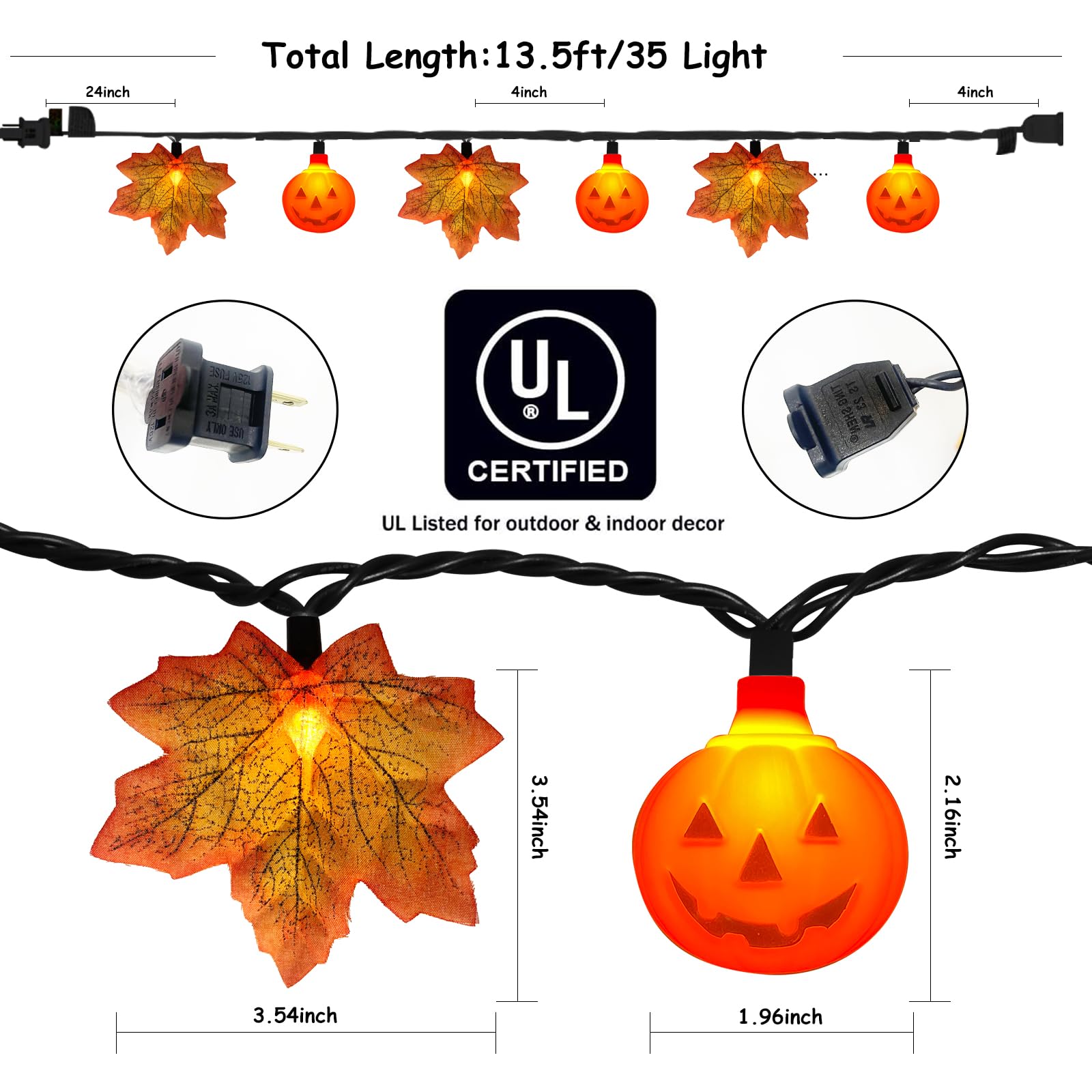 Thanksgiving Day Red Maple Leaf with Pumpkin LED Lights, 13.5FT Plug in Autumn Fall Light with 35 Mini LED Bulbs for Thanksgivin