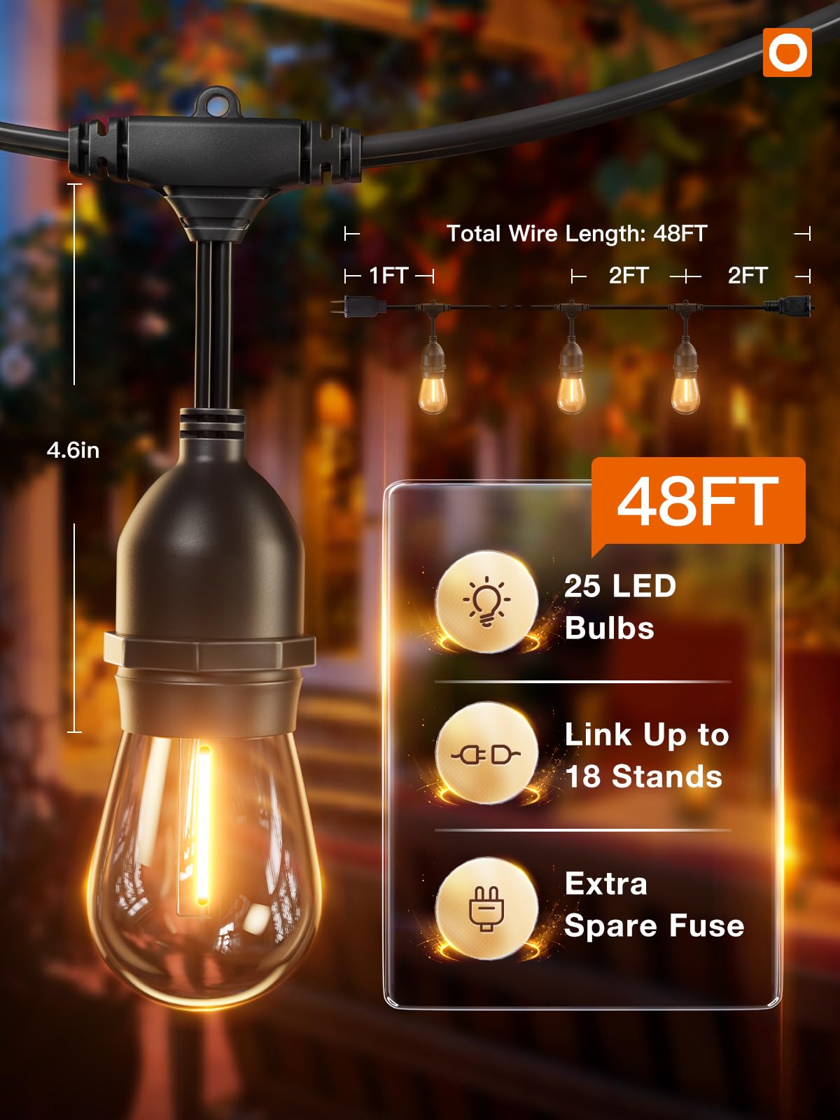 addlon 48FT LED Outdoor String Lights, 25 Shatterproof Edison Bulbs, Black, Weatherproof, ETL Listed, Commercial Grade