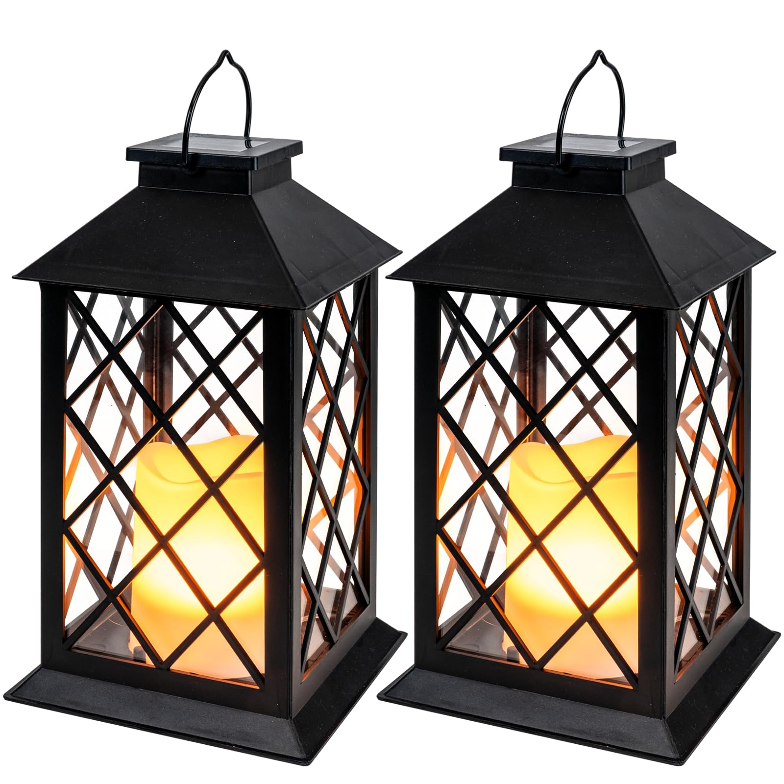 Homemory Solar Lanterns Outdoor 2 Pack with Flickering Flameless Candles, 13in  Black Heavy-Duty ABS & Tempered Glass